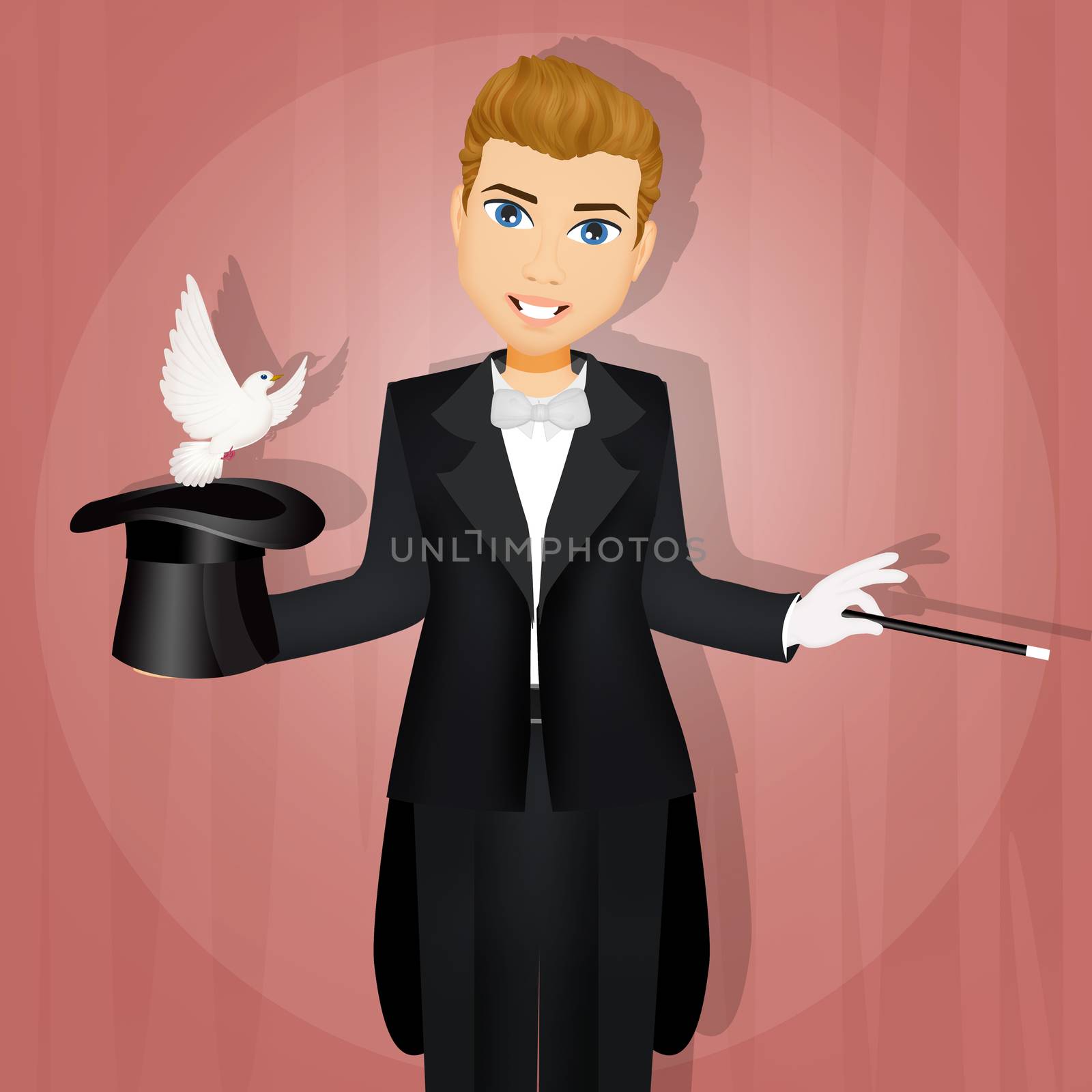 illustration of magician with the dove in the top hat