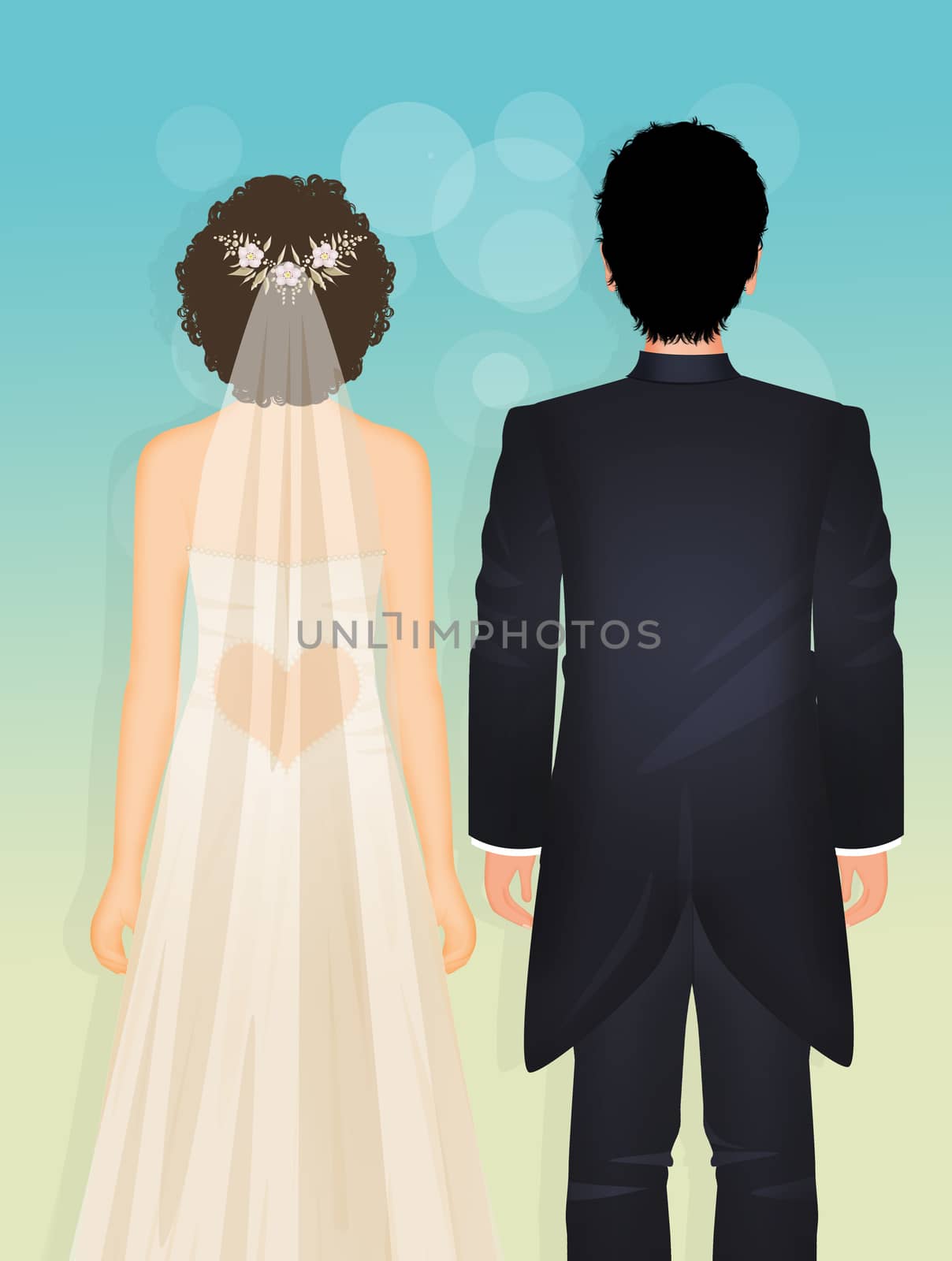 illustration of the bride and groom going to the altar
