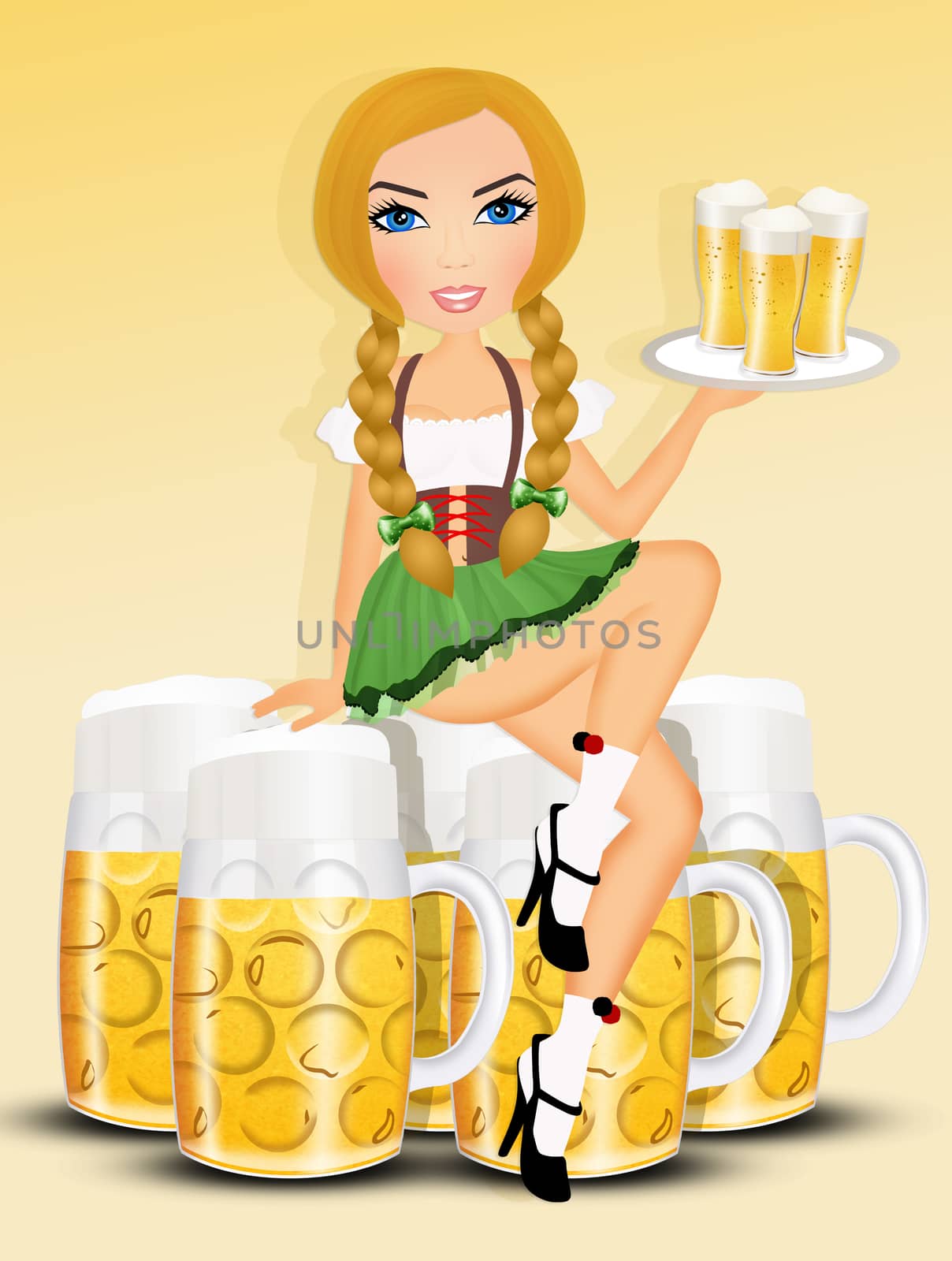illustration of blond woman with beer mugs for Oktoberfest