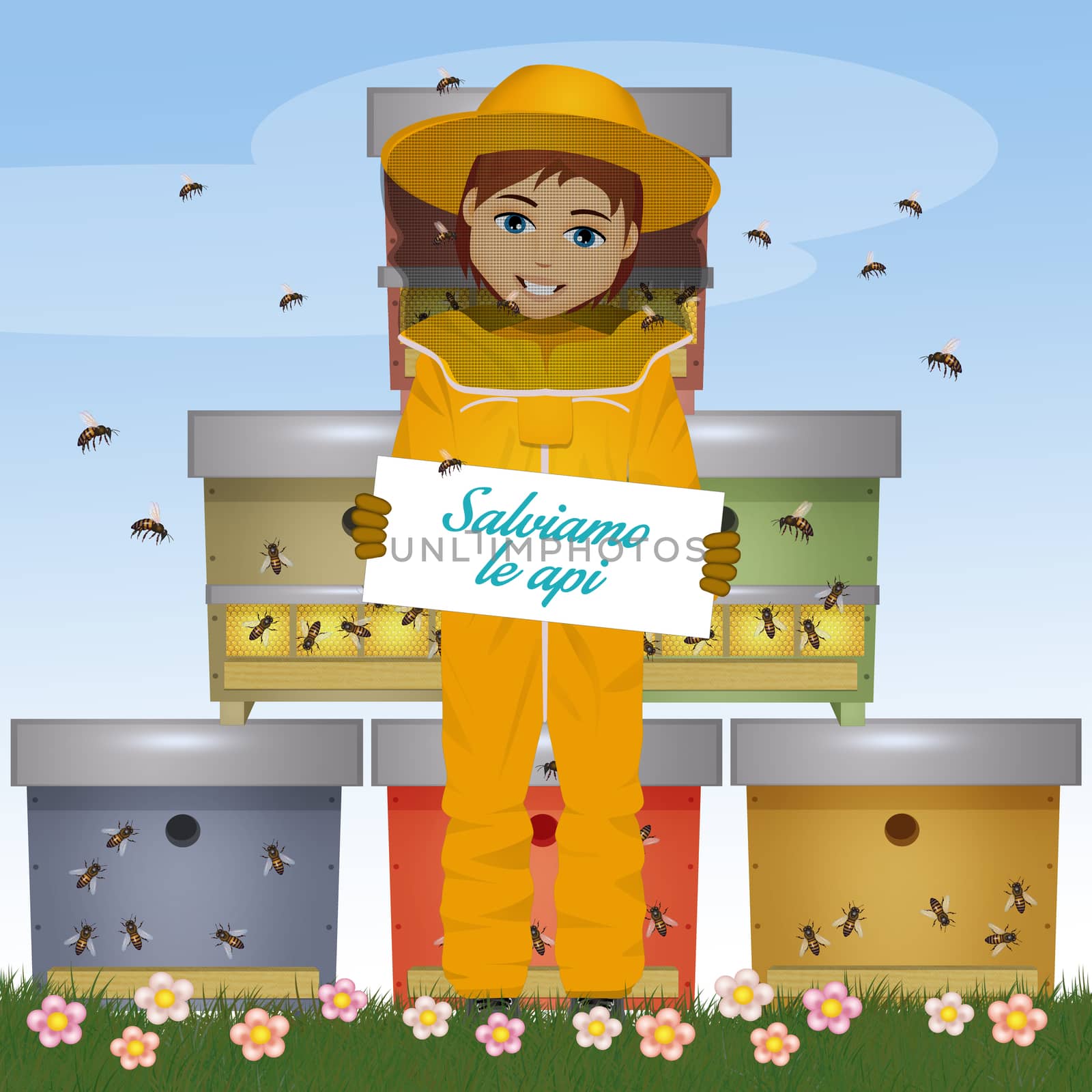 illustration of beekeeper man with card save the bees
