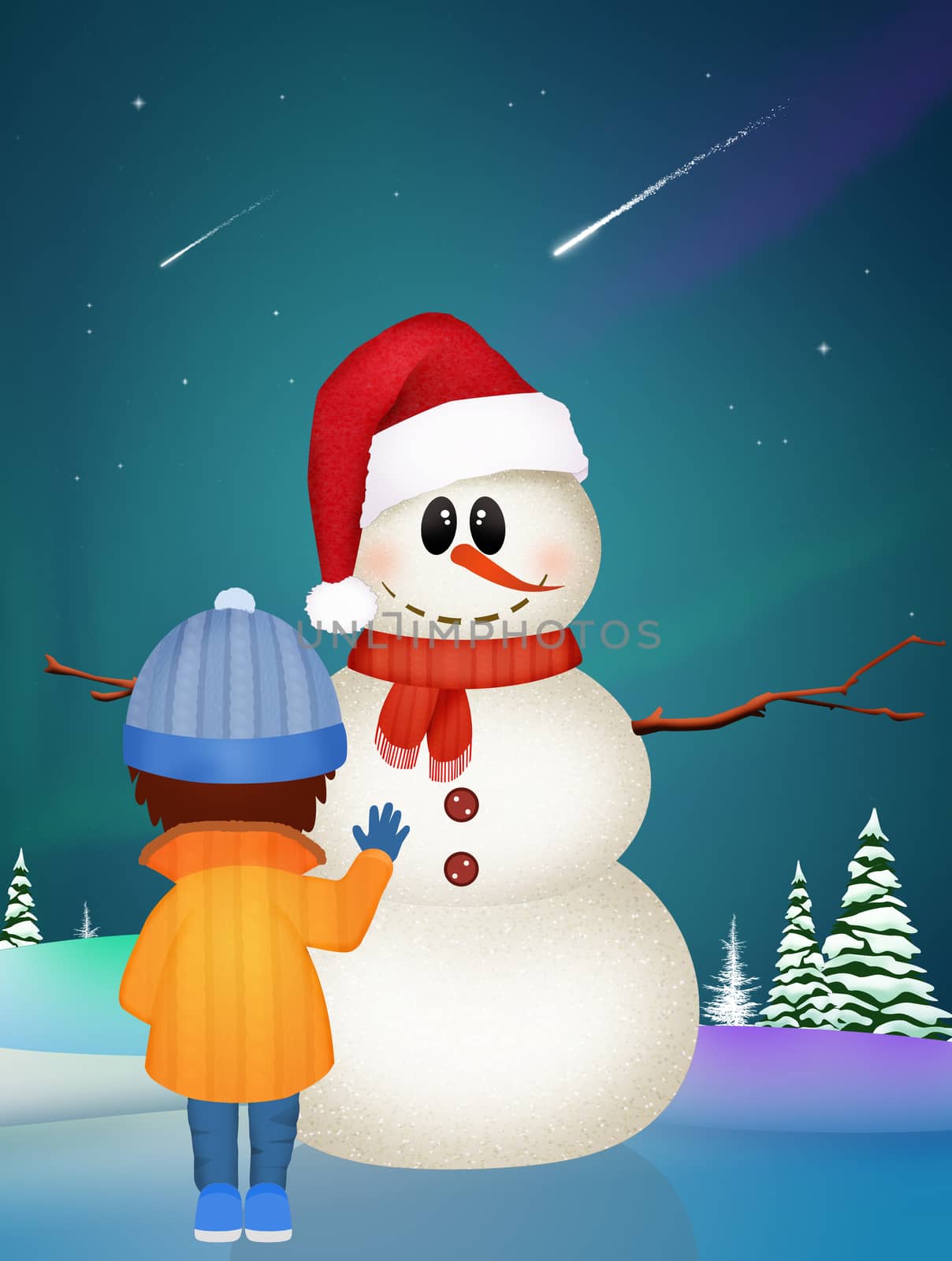 illustration of child and snowman in the snow