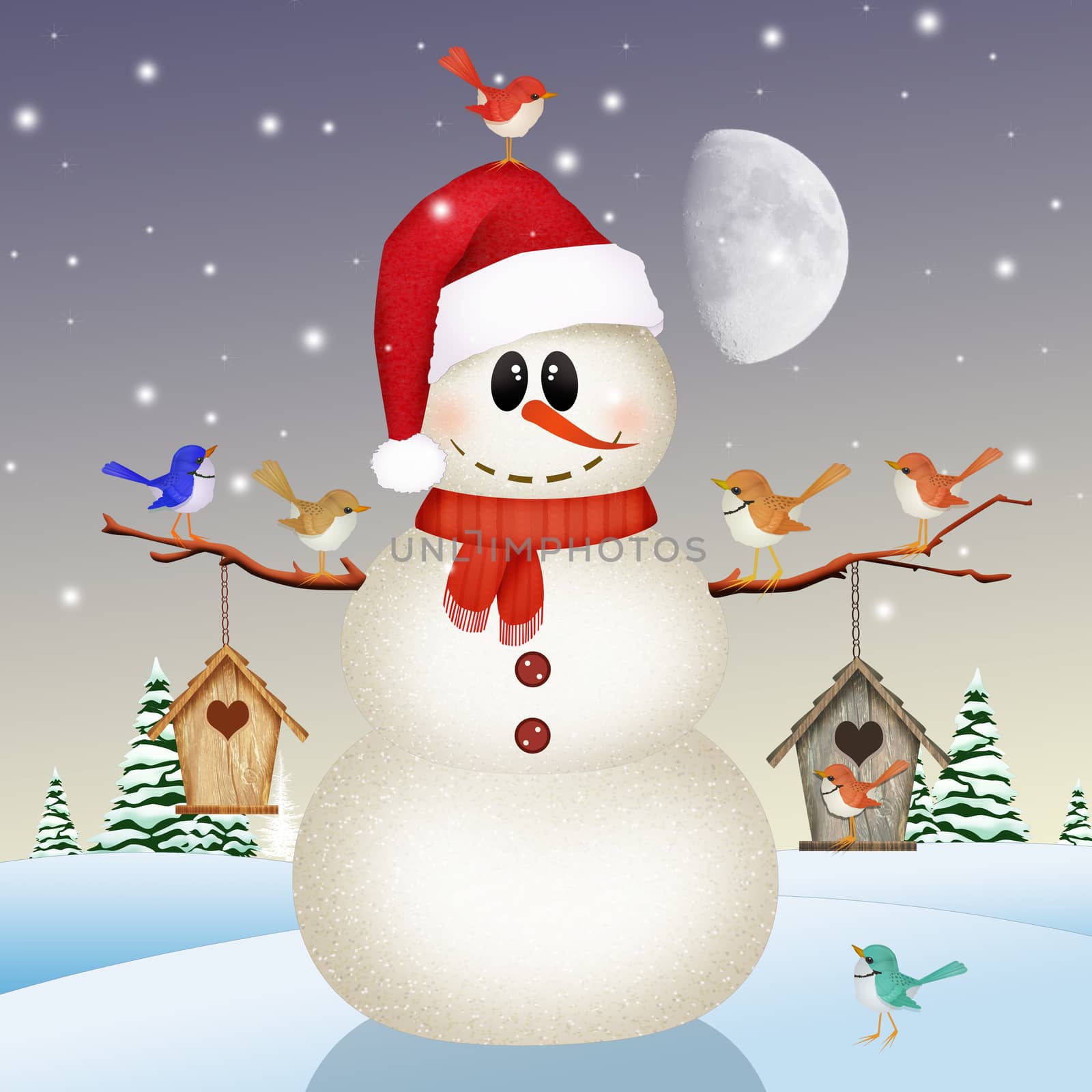 illustration of bird house on snowman in winter landscape