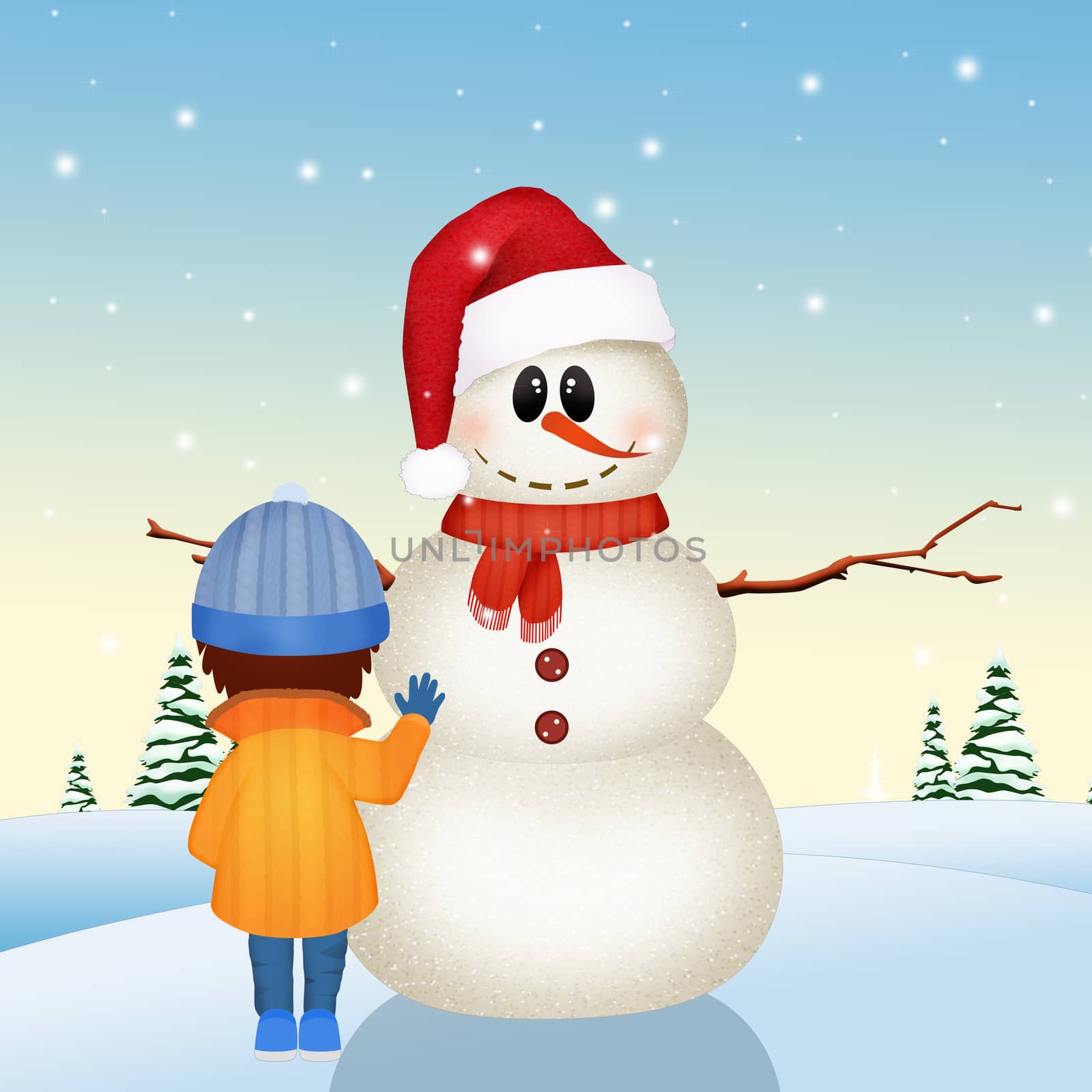 illustration of child make snowman