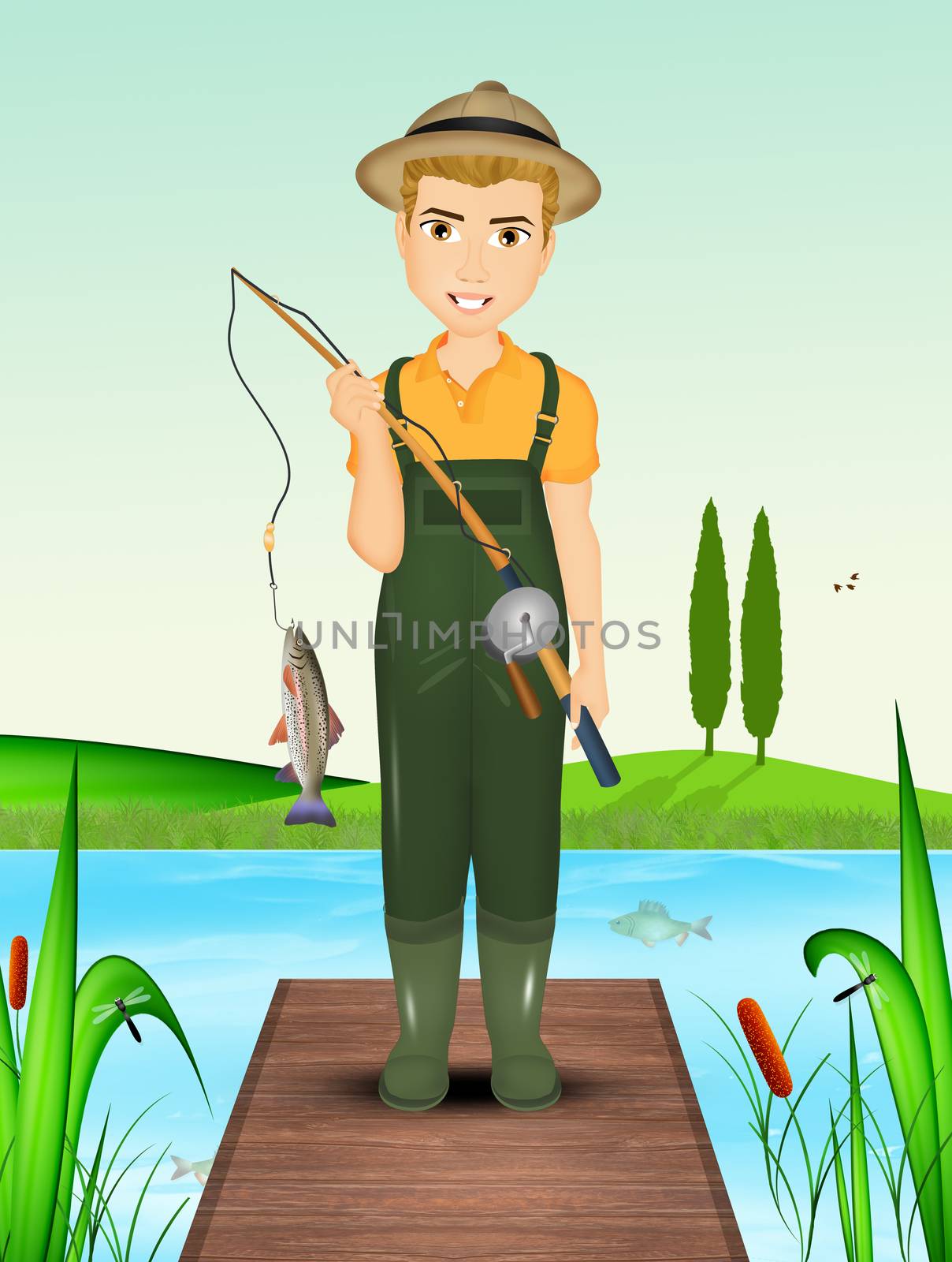 illustration of man fishing for trout and pike