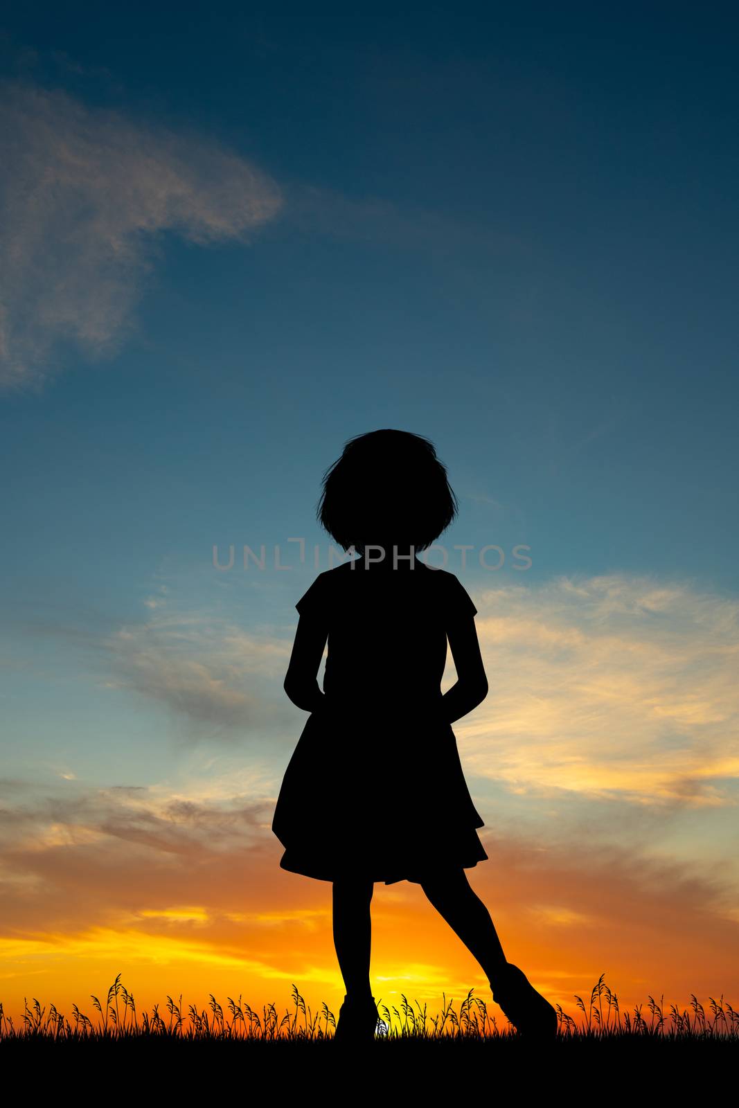 illustration of little girl at sunset