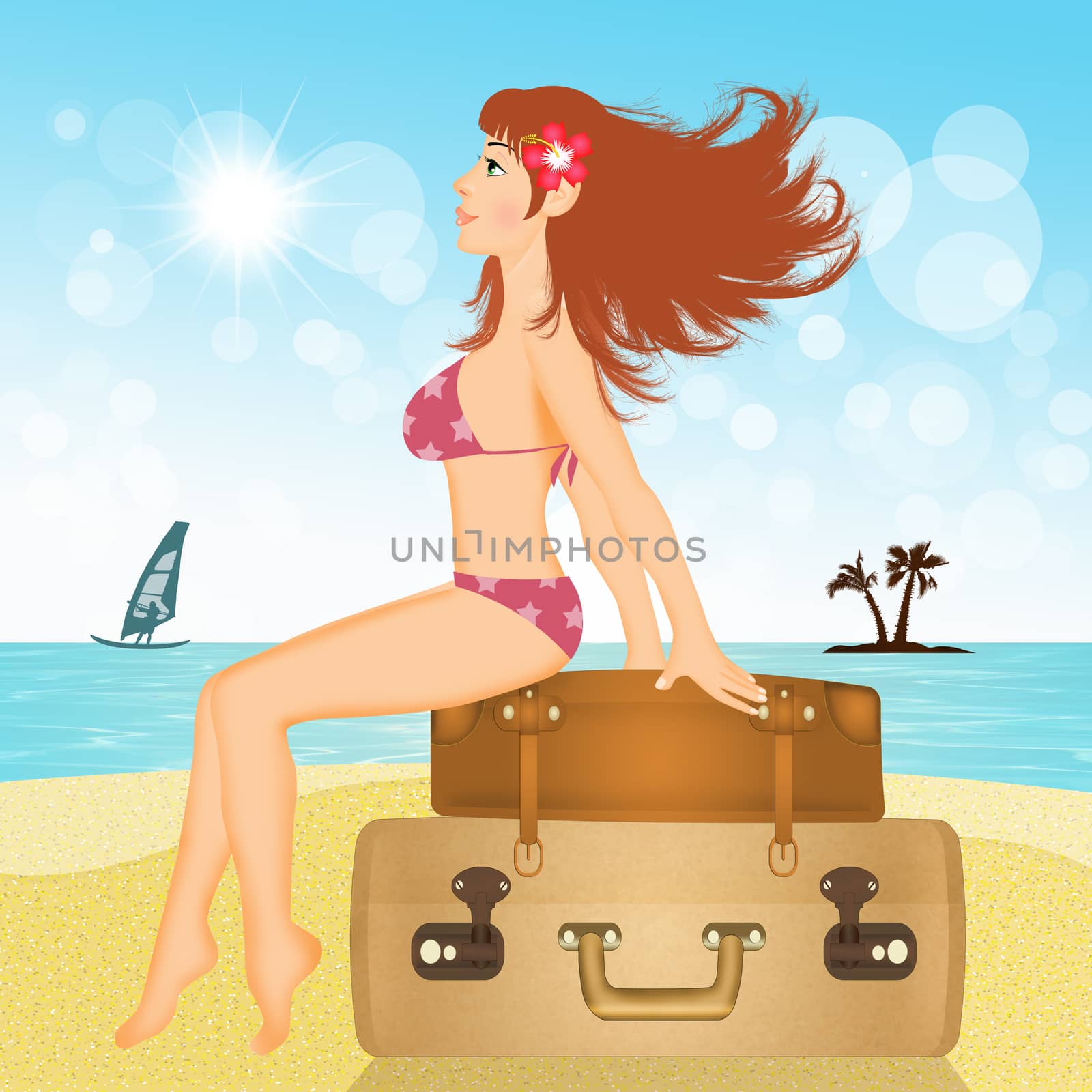 girl sitting on suitcases in the summer by adrenalina