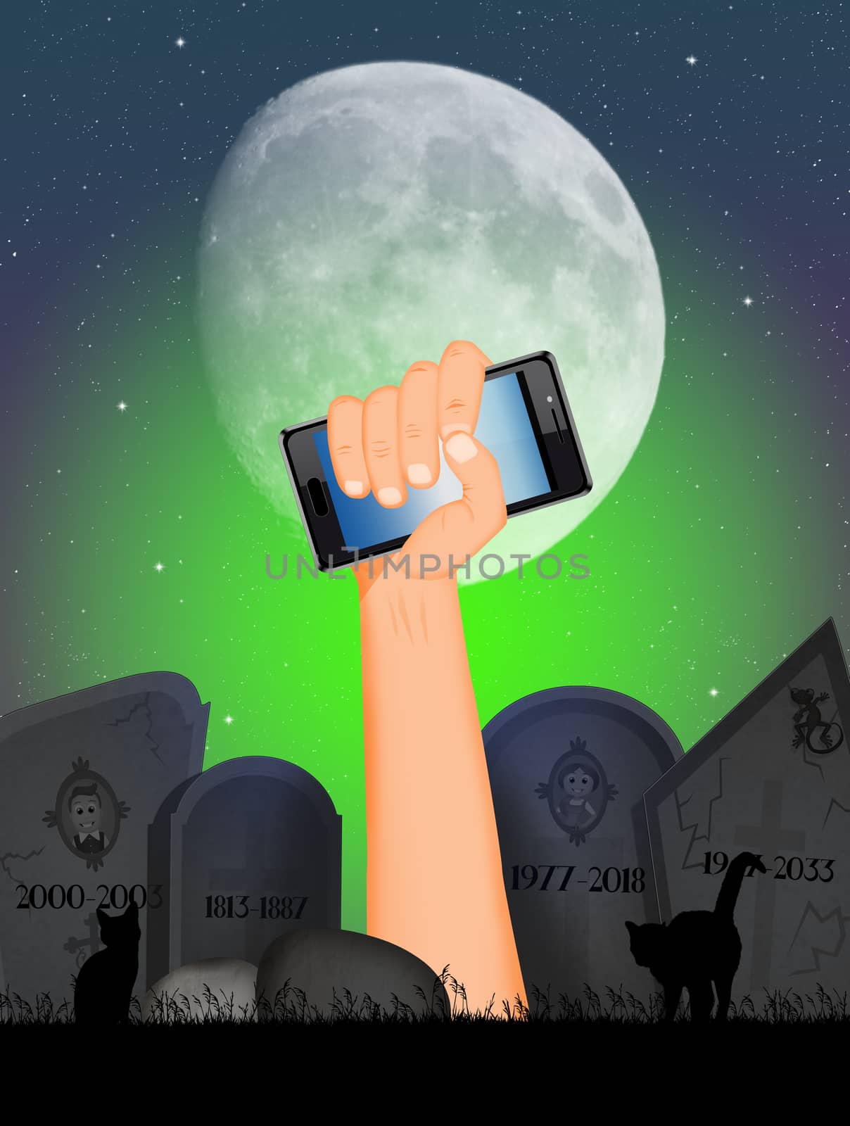 halloween illustration with his mobile phone hand by adrenalina