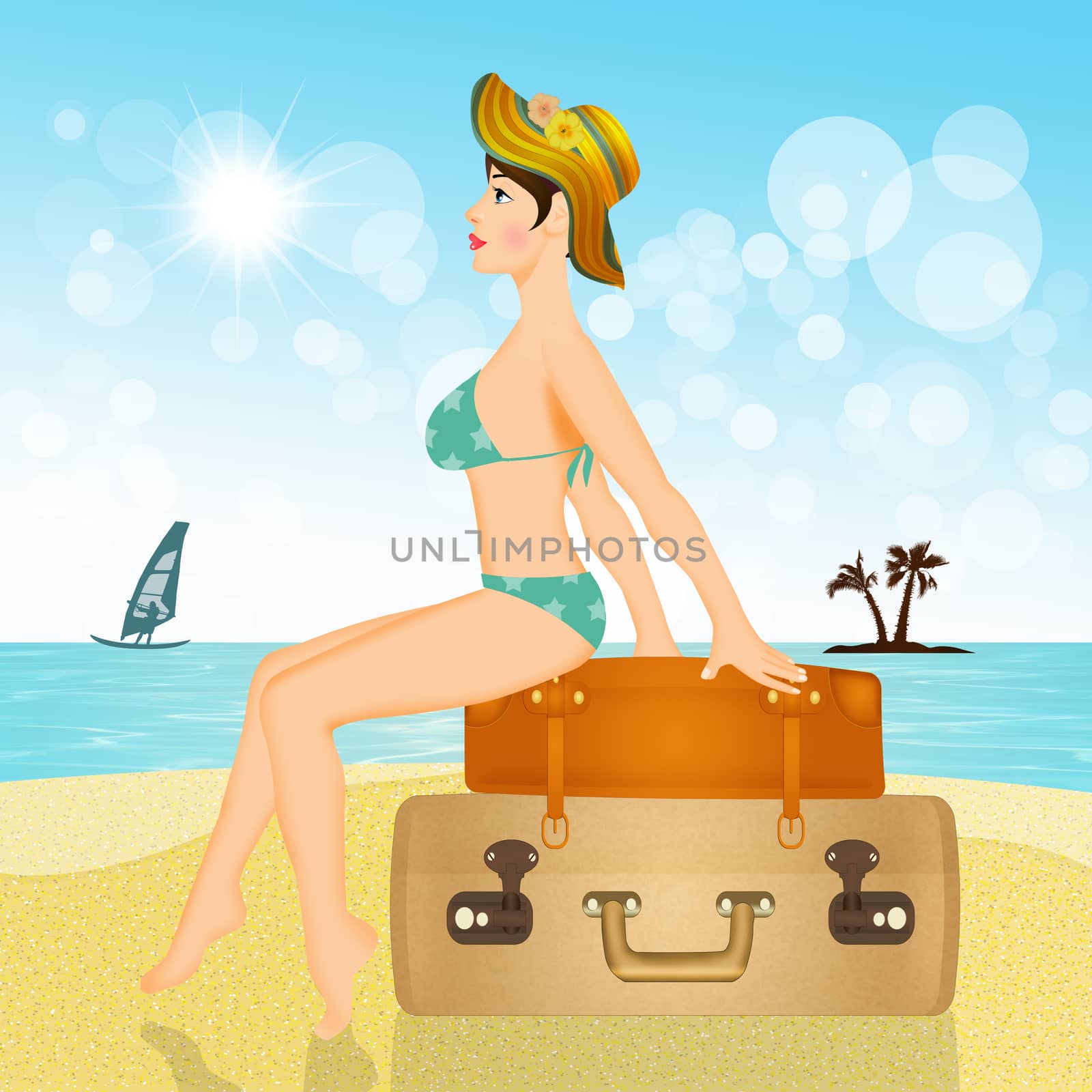 girl sitting on suitcases in the summer by adrenalina