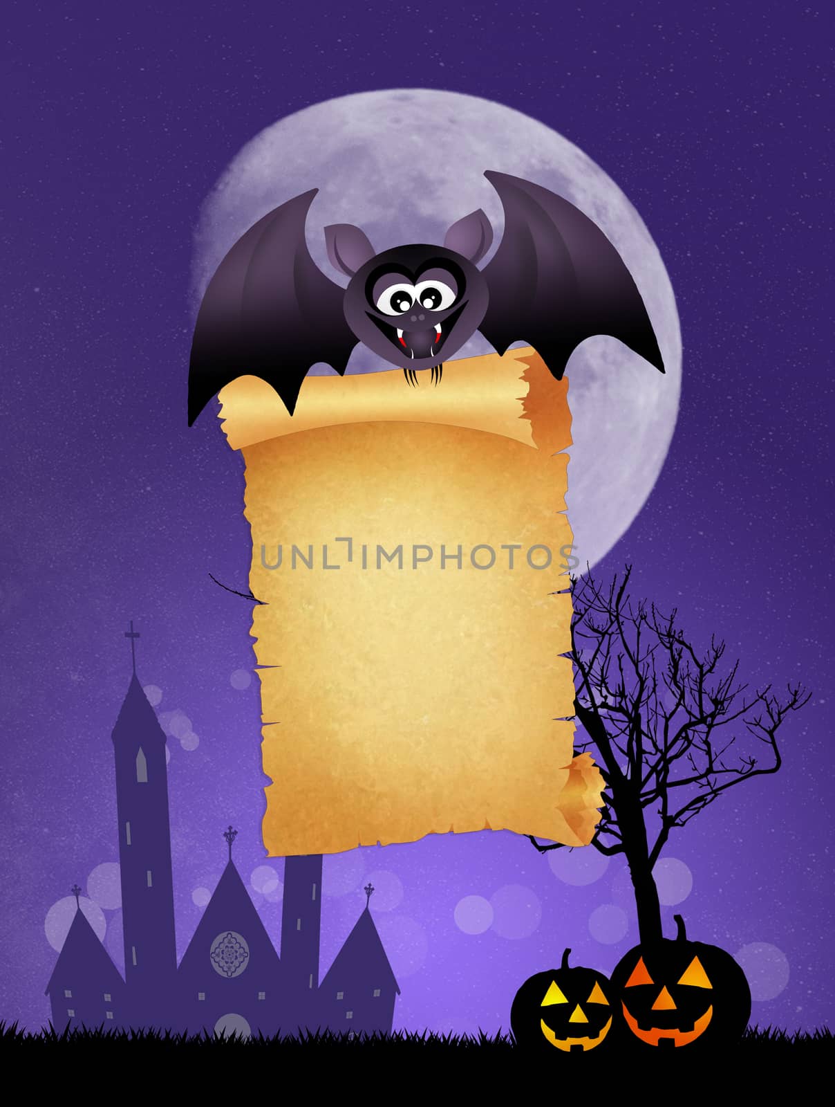 illustration of bat with parchment