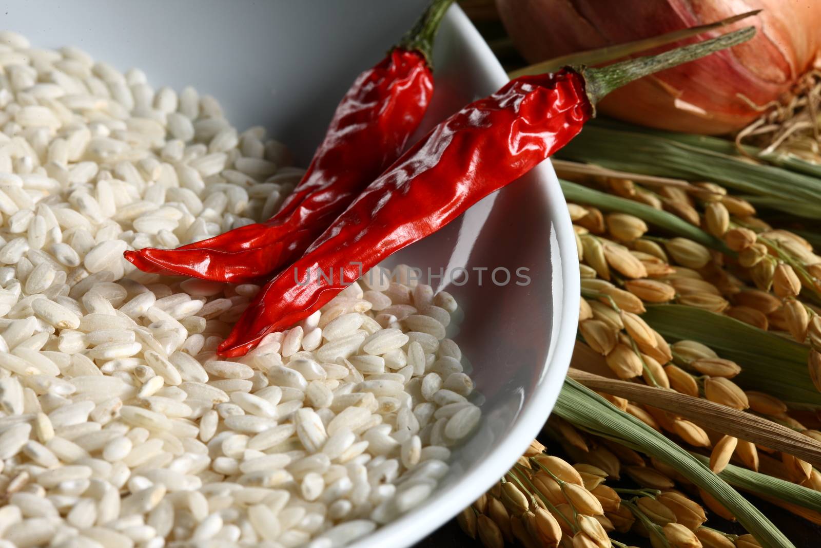 Extreme close up of hot chilli and rice corns in a white bowl with rice plants in background