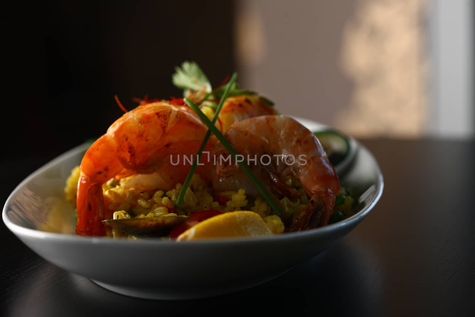 dish with shrimp and vegetable on a table top