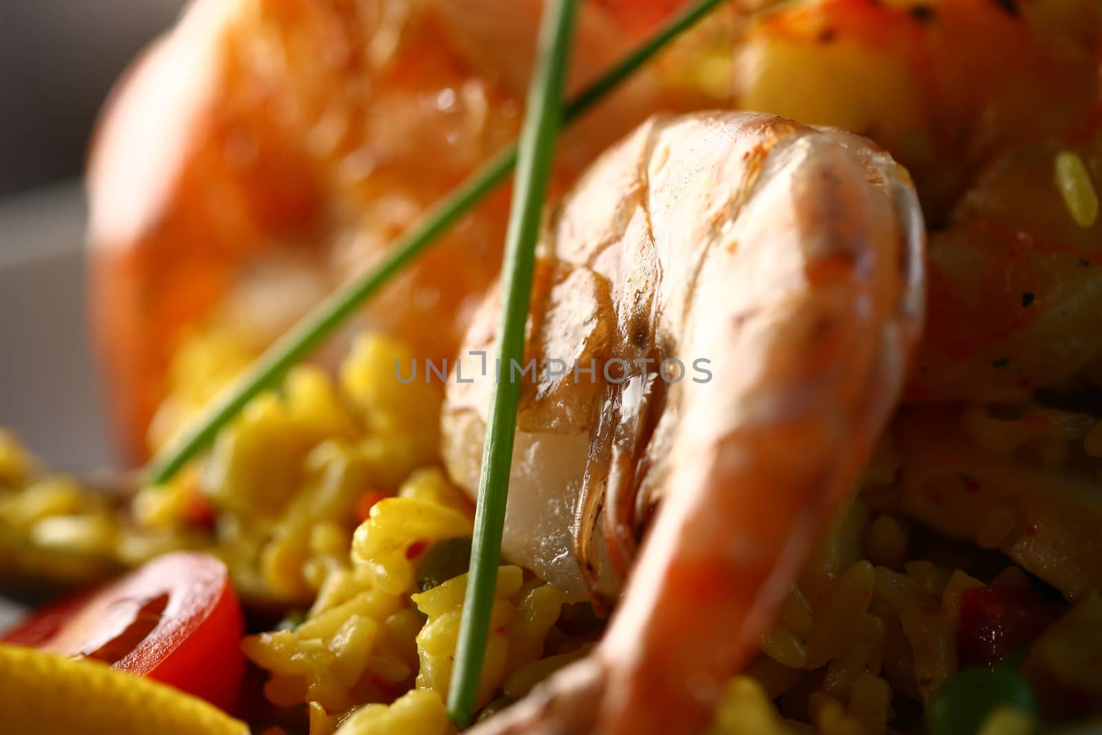 Close up of a shrimp, rice, tomato with green leafs