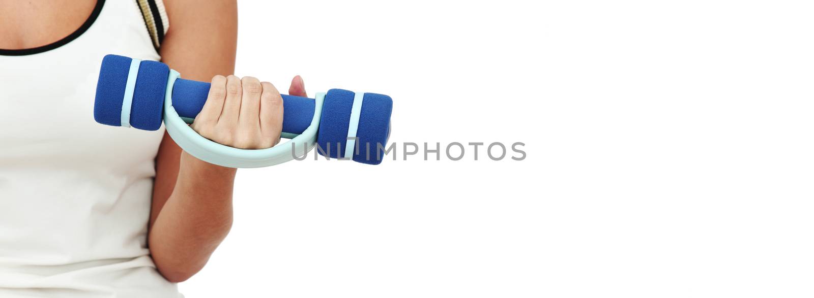 Female hand holding a dumbbell isolated on white background