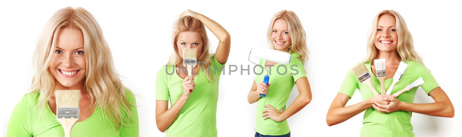 Funny young woman with new clean paint brush and paint roller isolated on white background, set of pictures, renovation design tools concept