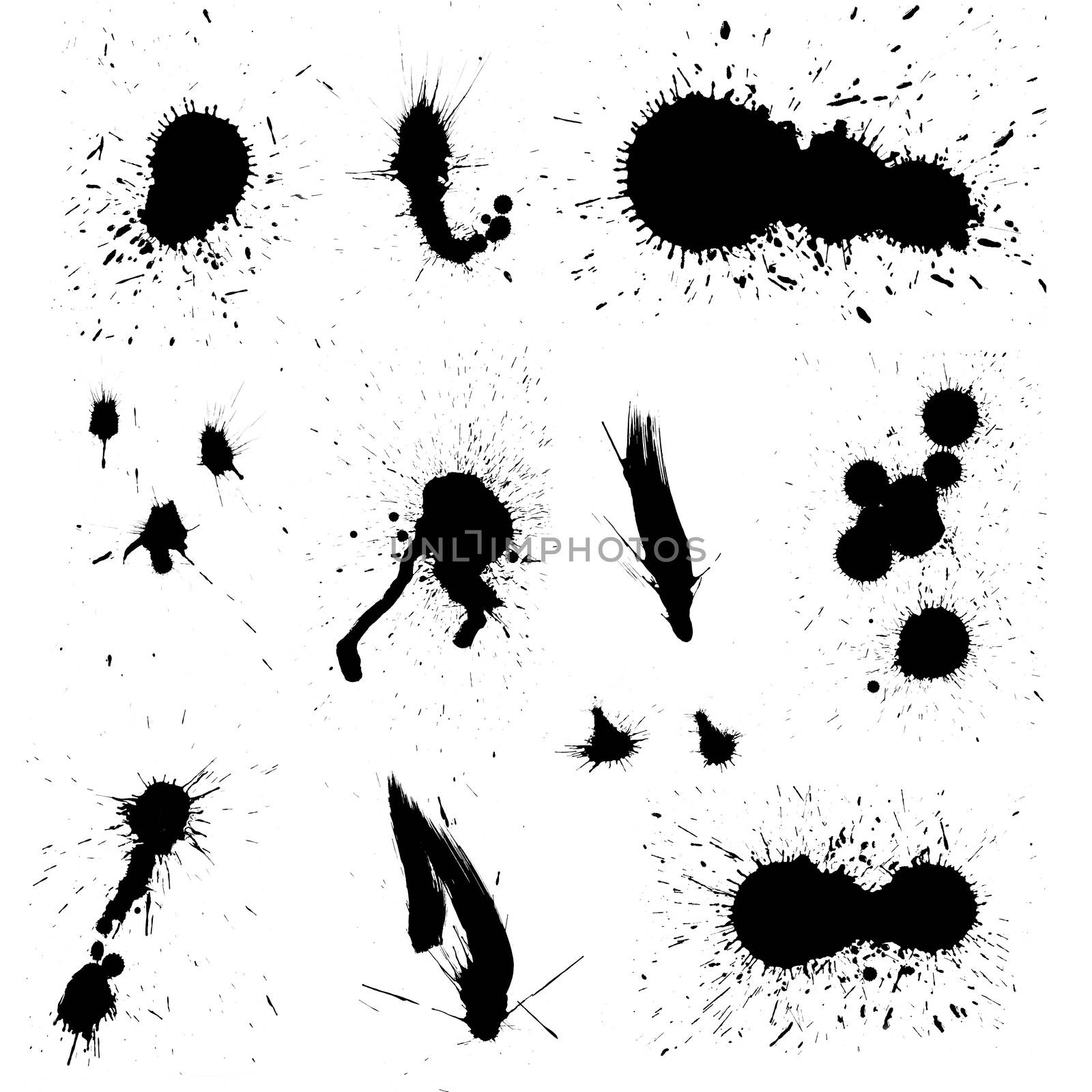 Set of black ink splash blots isolated on white background