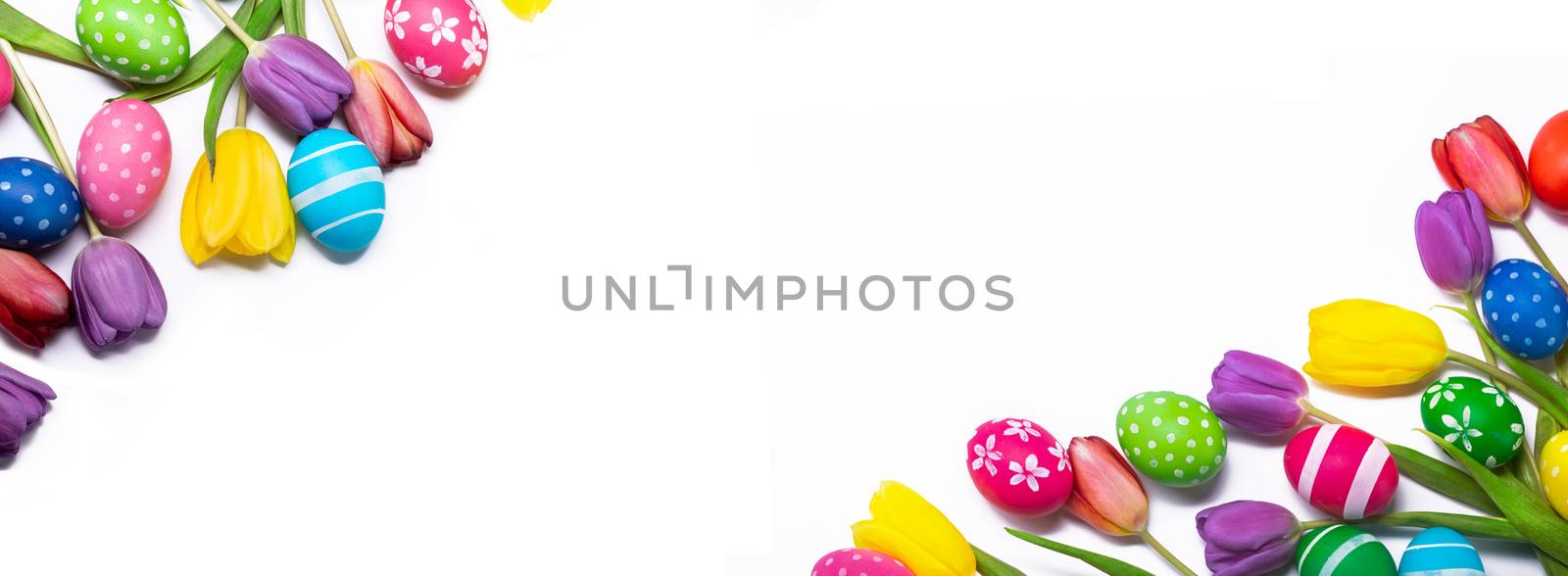 Easter eggs and tulips on white by Yellowj
