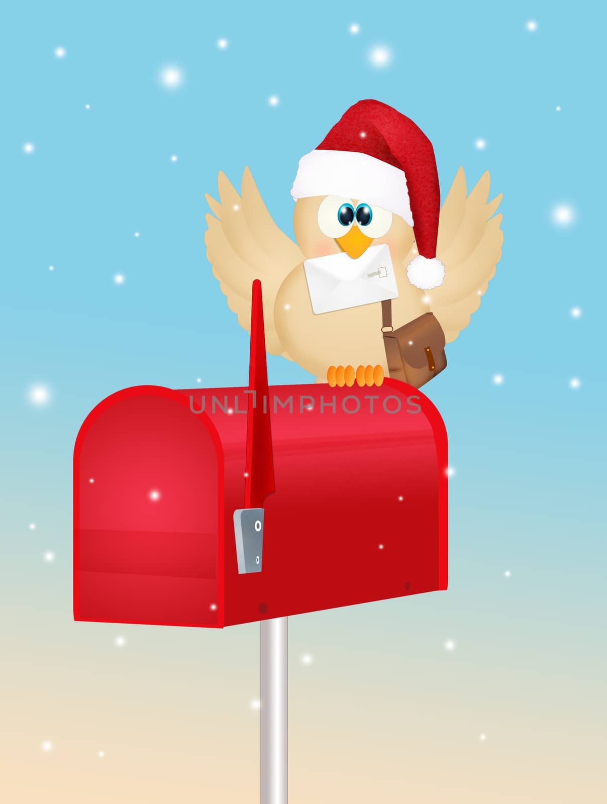 illustration of bird with letter of Santa Claus