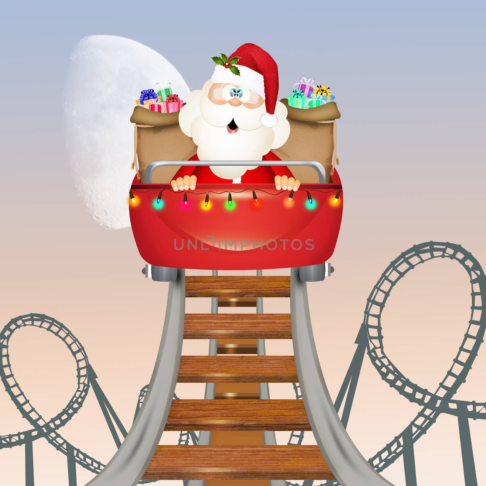 funny illustration of Santa Claus on roller coaster