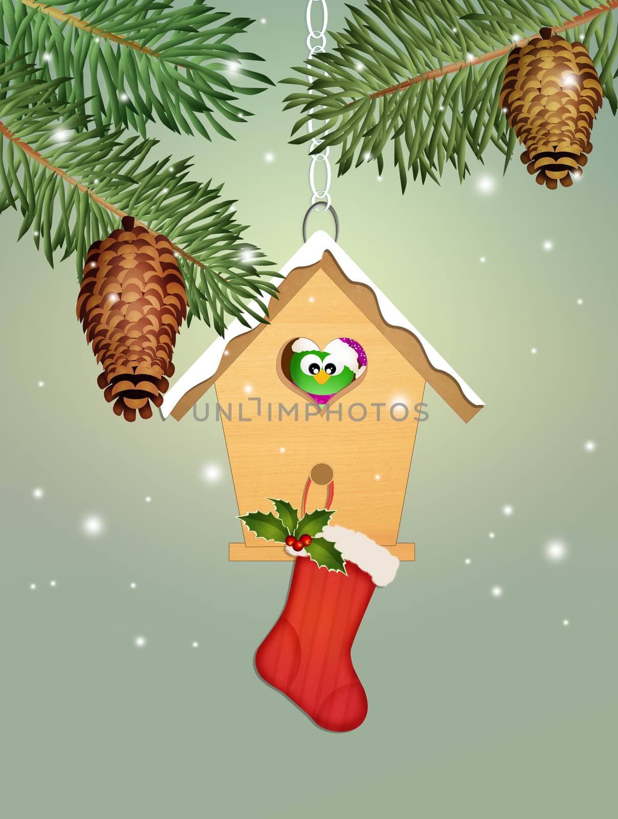 bird house and Christmas sock on tree by adrenalina
