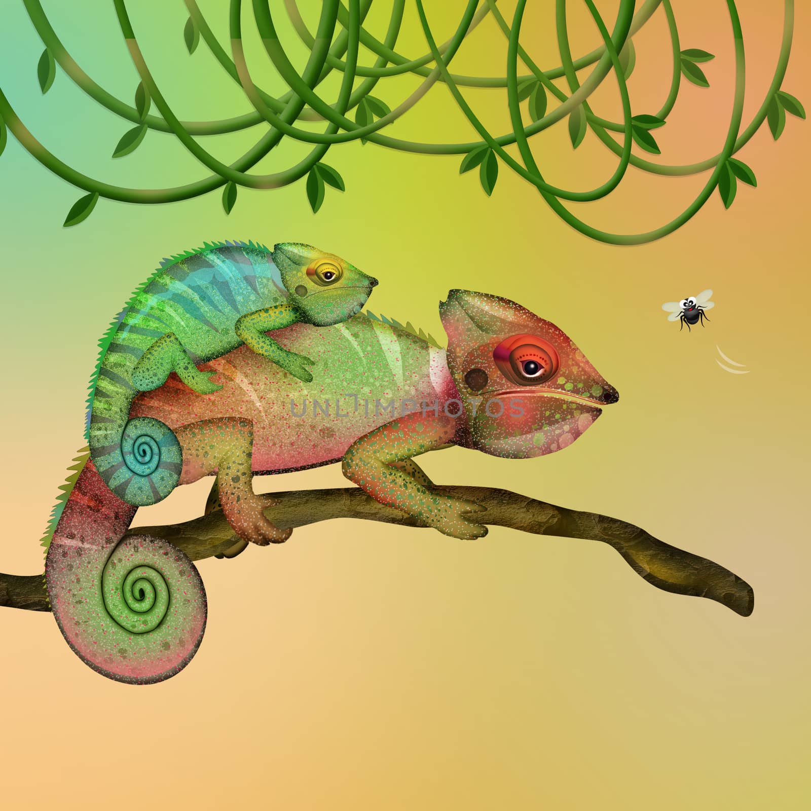 illustration of chameleons on branch by adrenalina