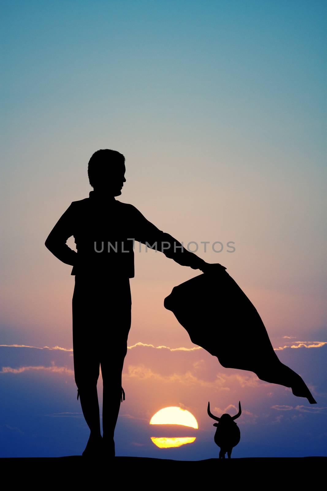 illustration of bullfighter at sunset by adrenalina