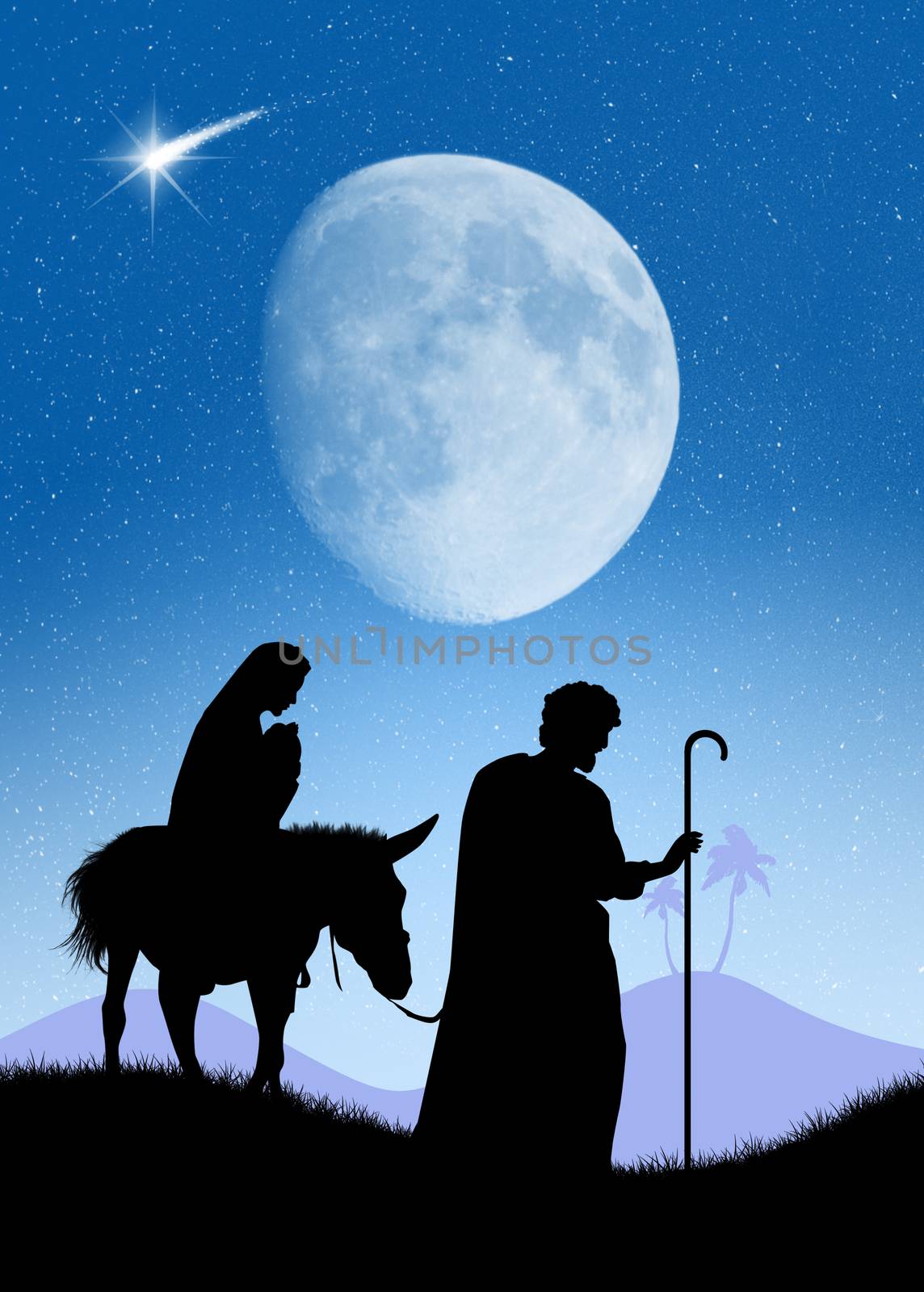 illustration of Joseph and Mary with Jesus on the donkey