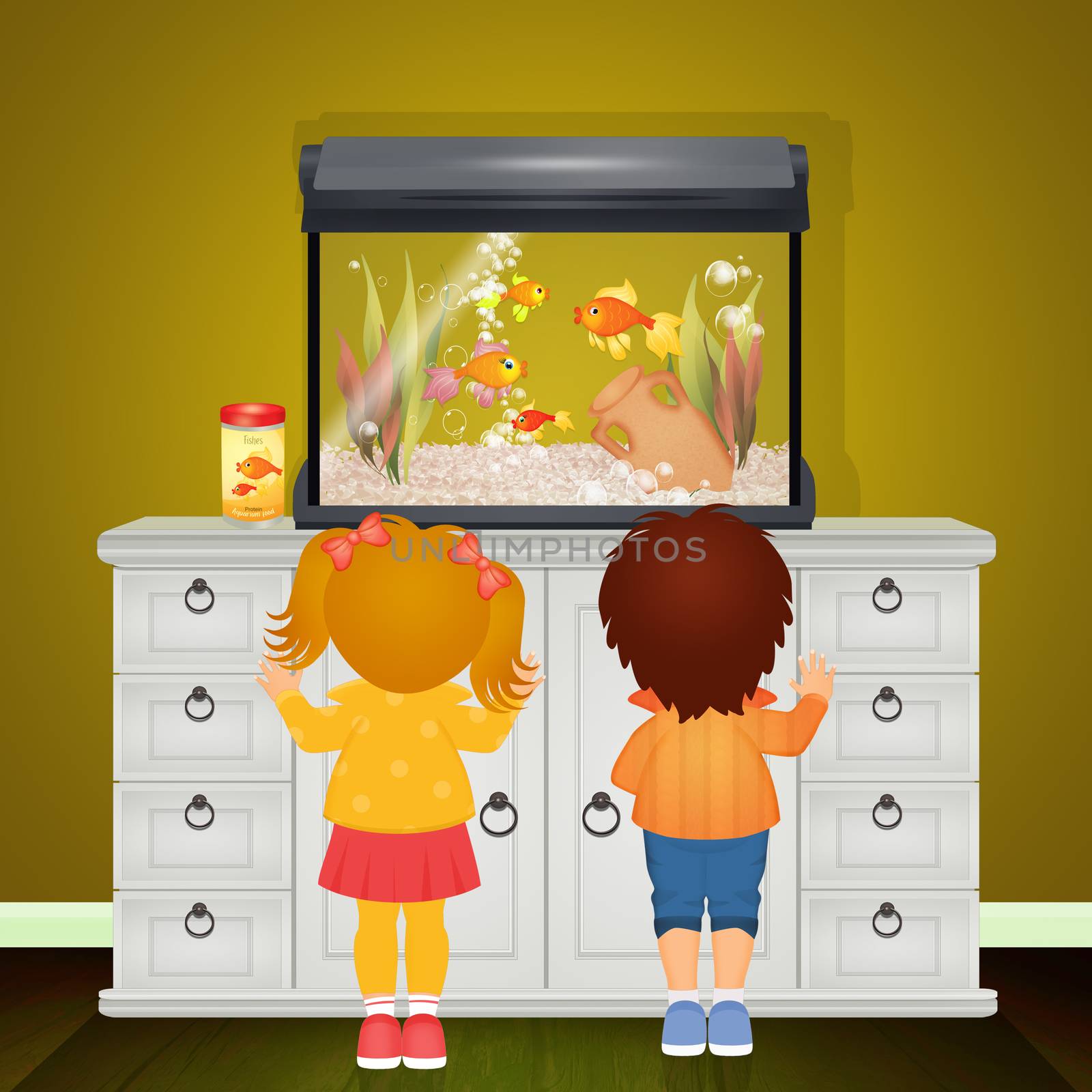 illustration of children watch the goldfish in the aquarium