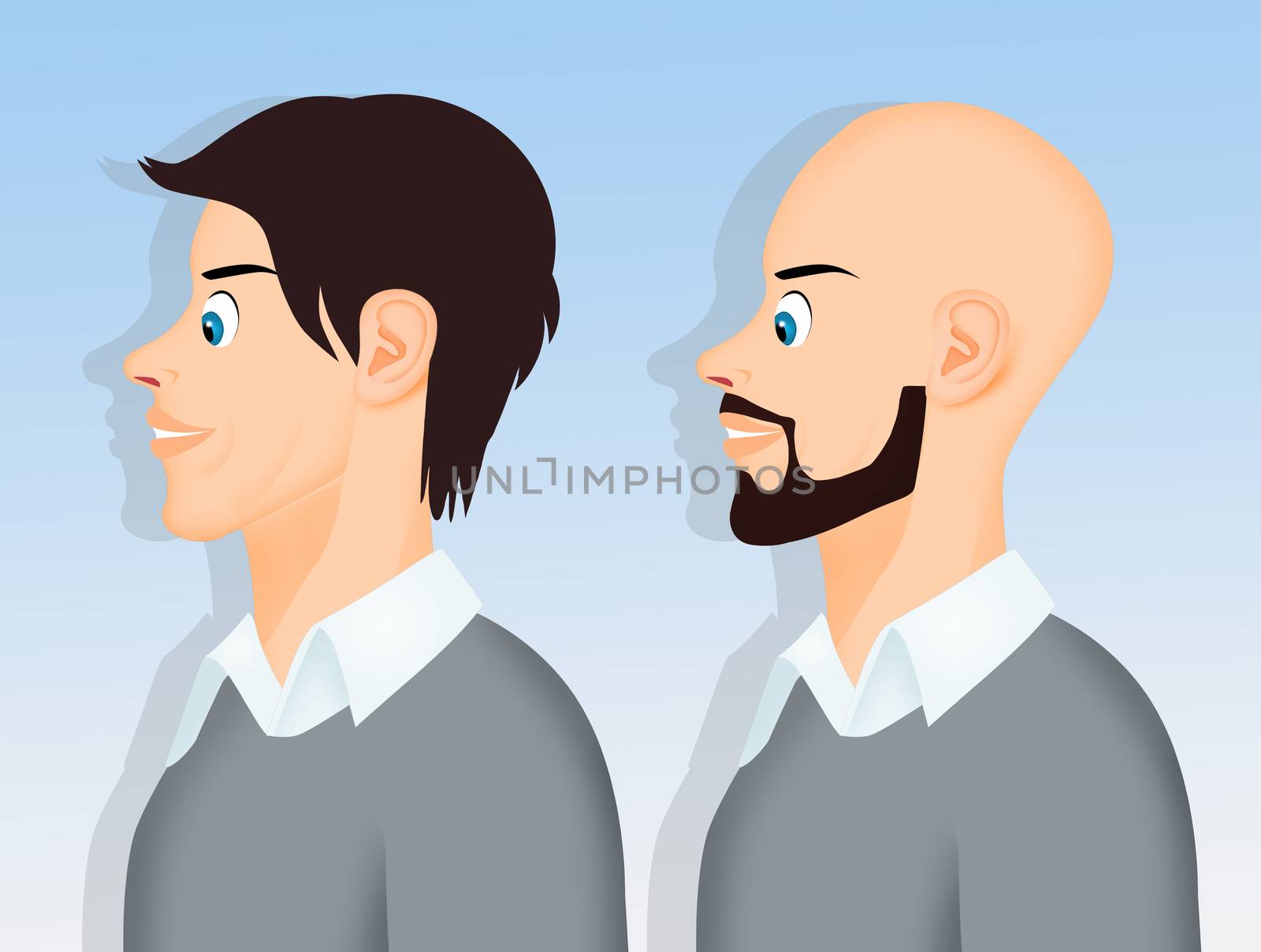 illustration of man with haircut and bald man with beard