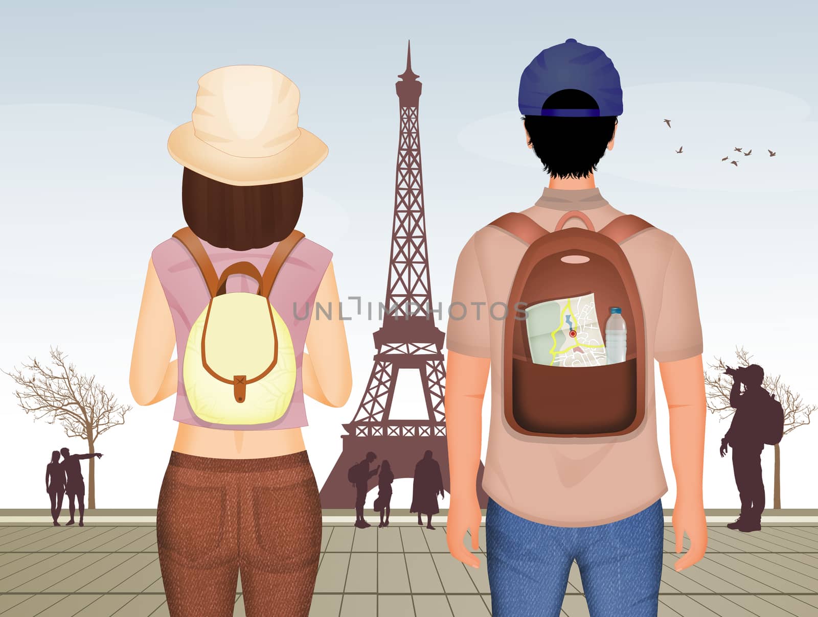 illustration of couple of tourists in Paris
