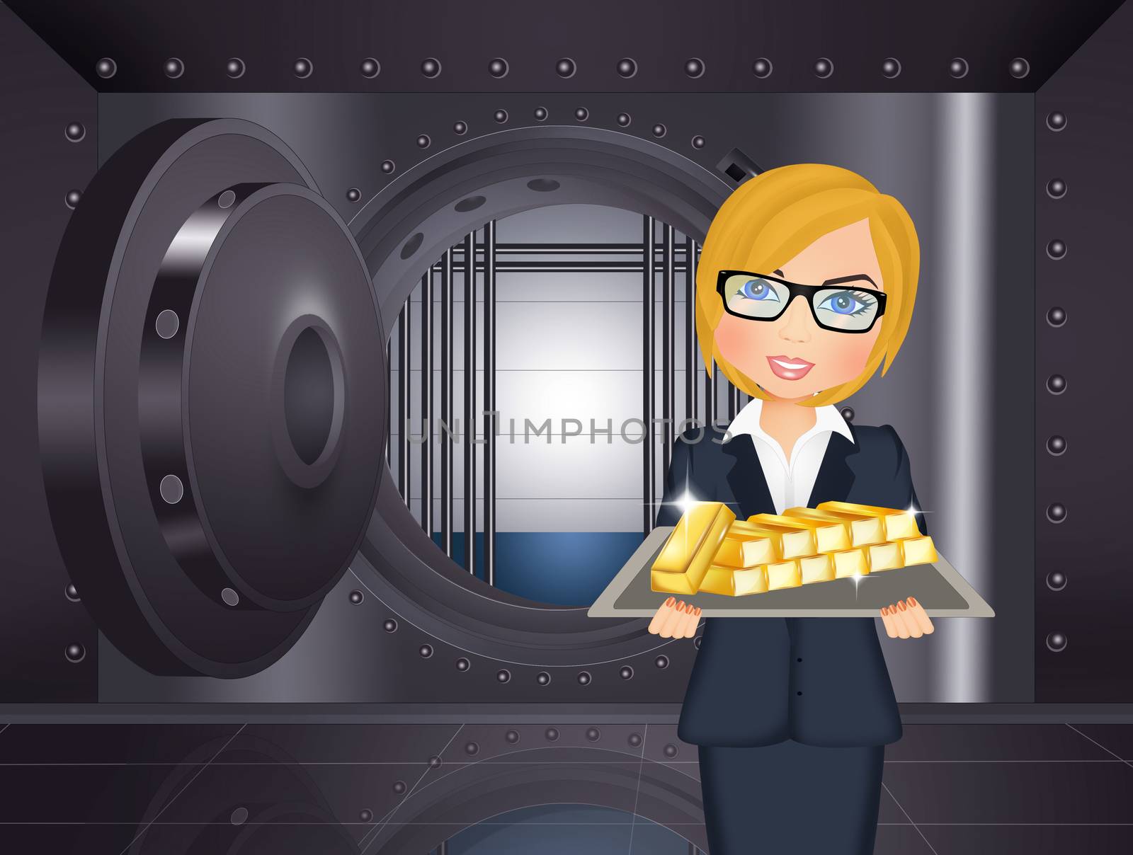 illustration of woman with gold bars in the bank safe