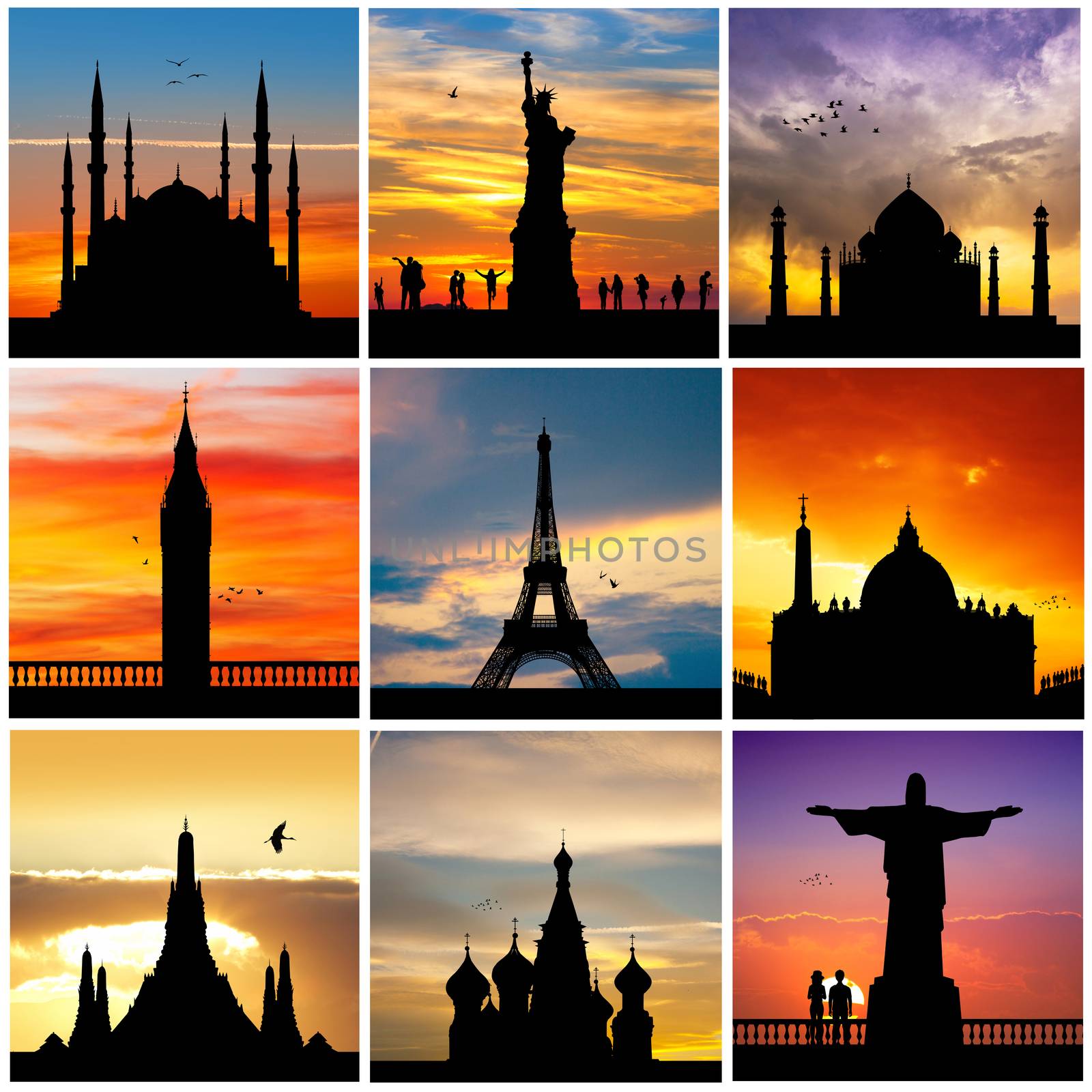 silhouette of travel destinations