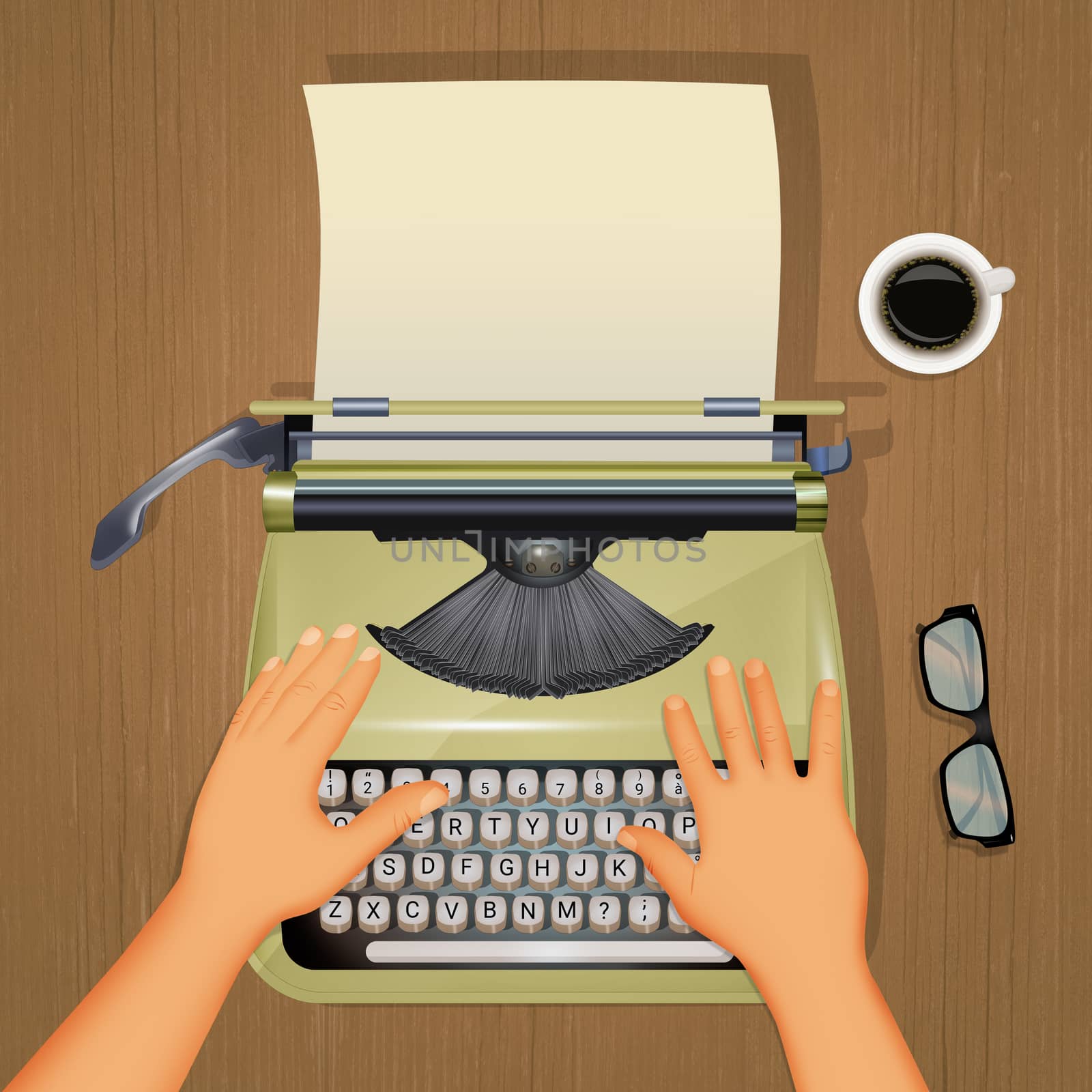 illustration of writer writes the manuscript with the typewriter