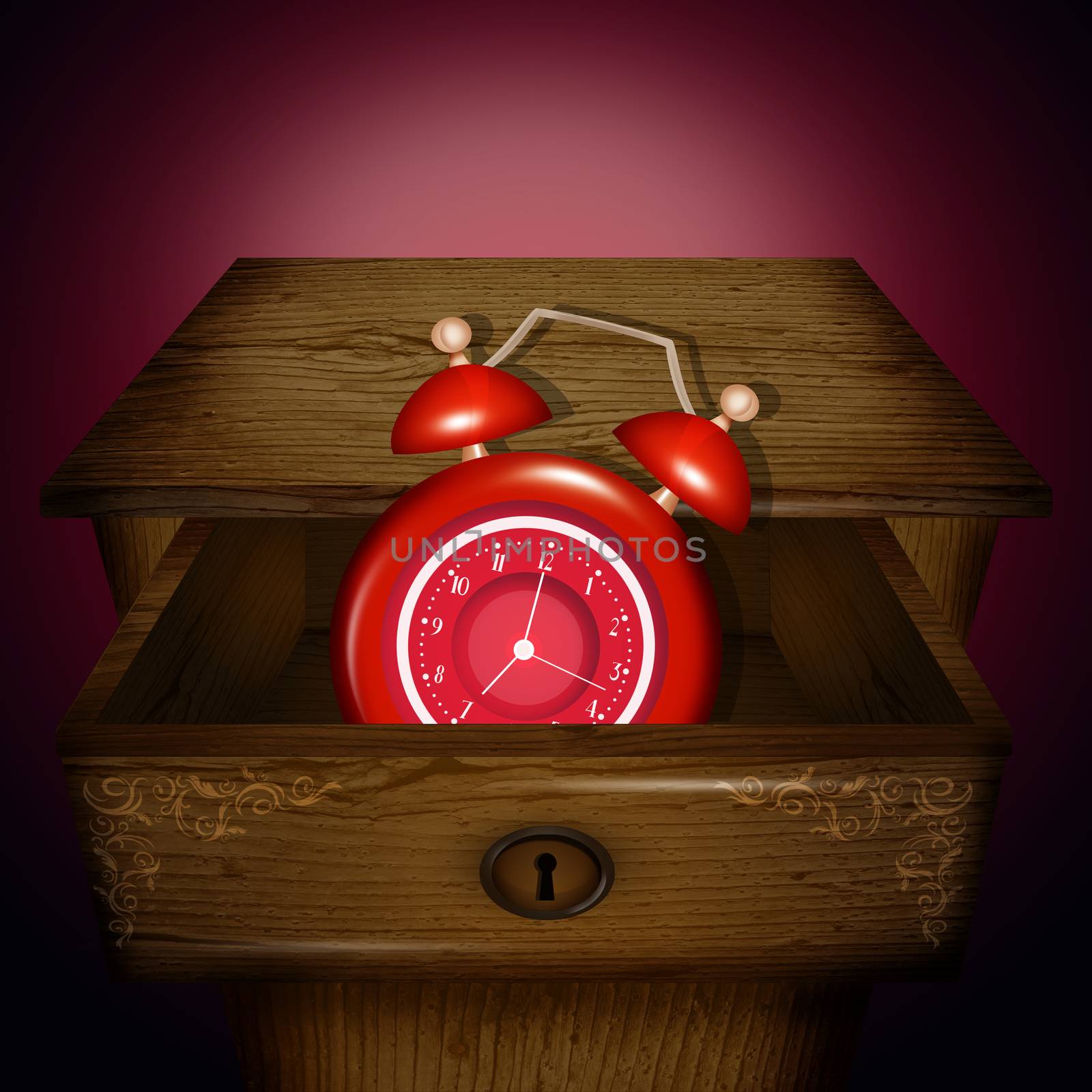 illustration of alarm clock in the nightstand drawer