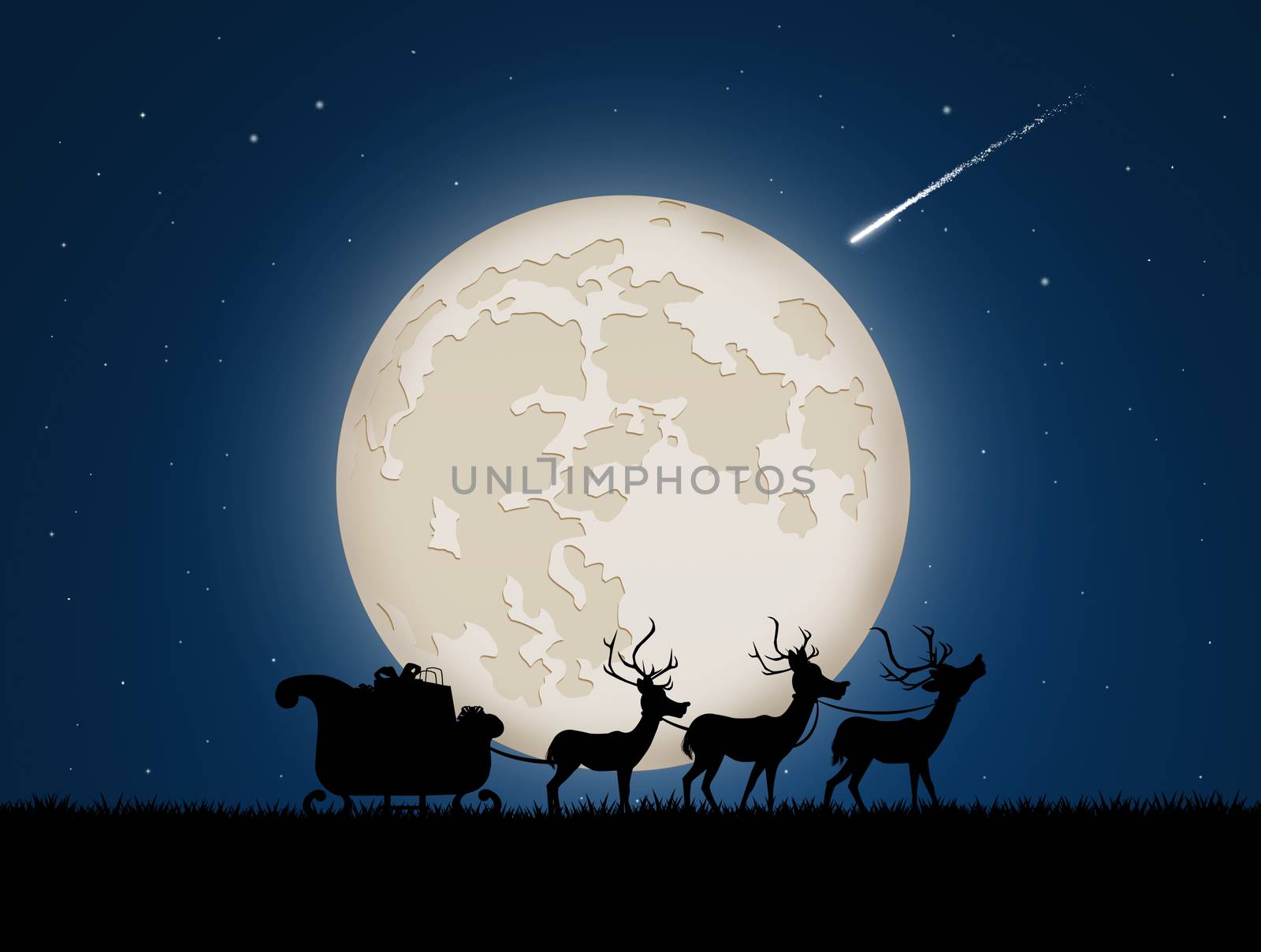 Santa sleigh with reindeer in the moonlight