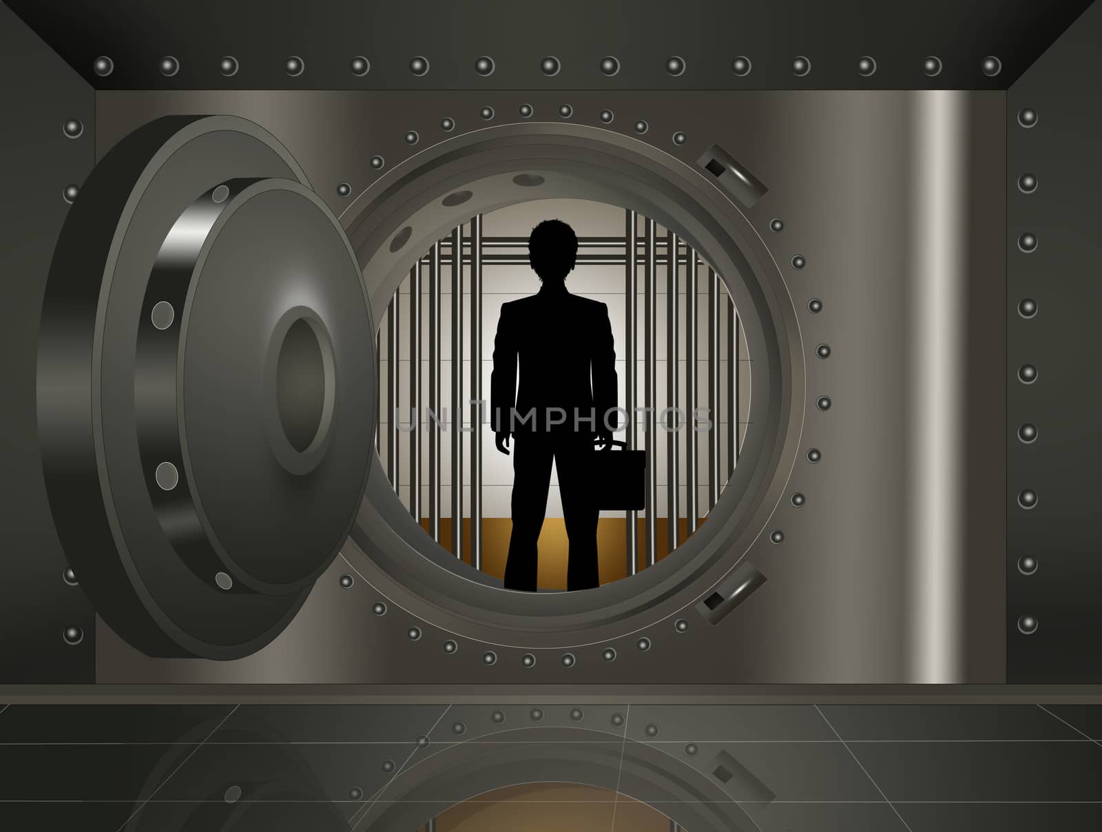 illustration of businessman in the bank security safe