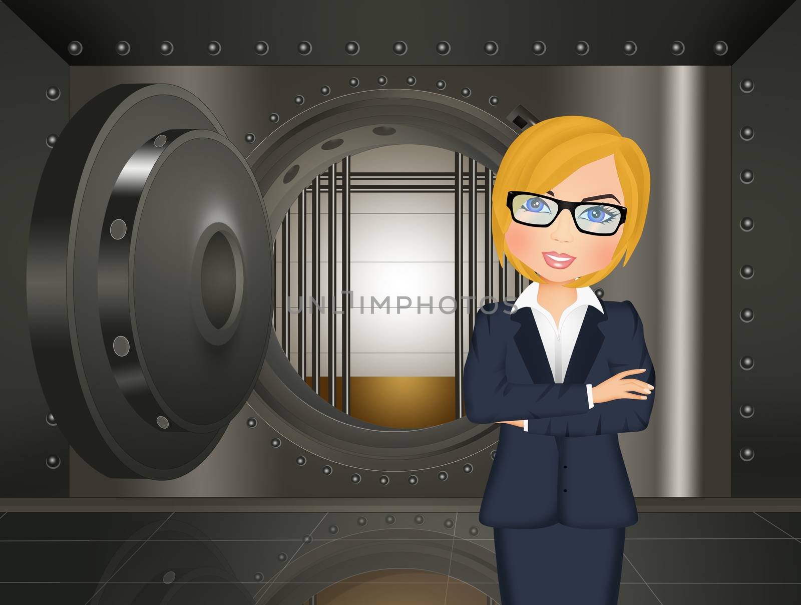 illustration of woman in the bank vault