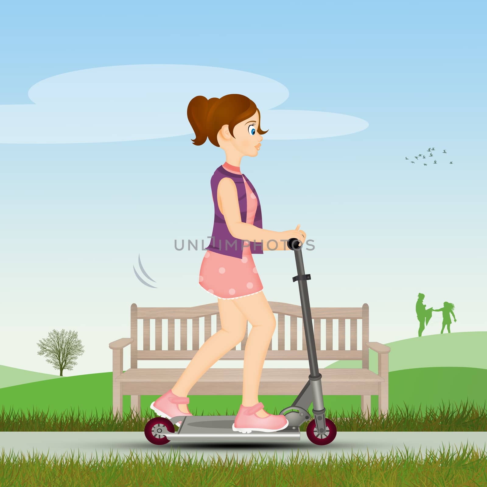 illustration of little girl on the scooter