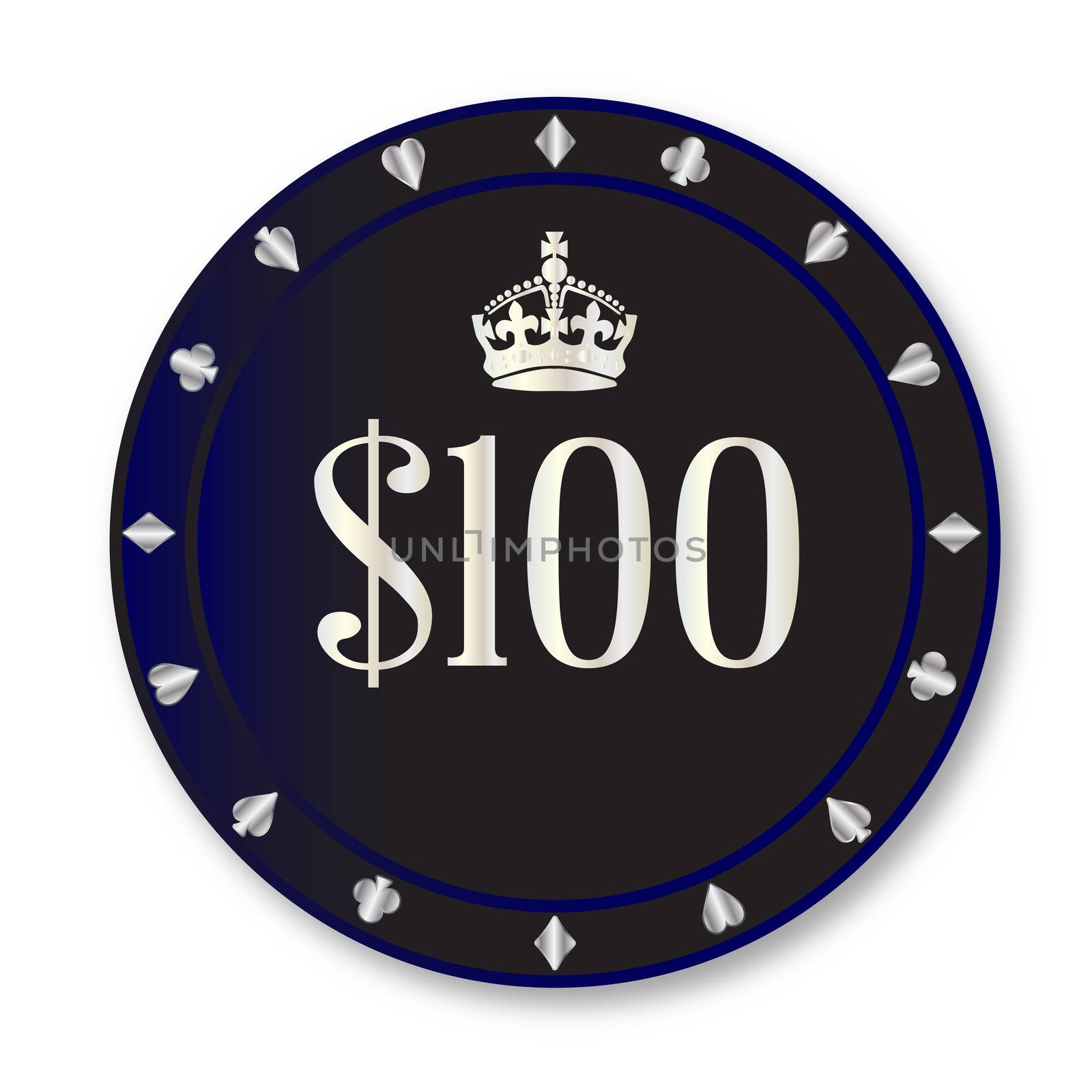 A black one hundred dollar gambling chip over a white background