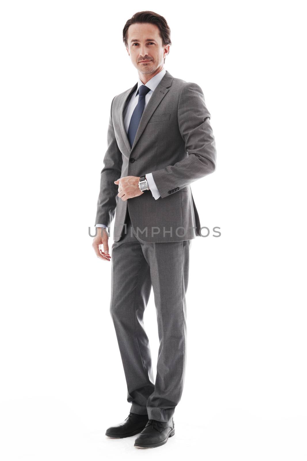 Full length portrait of mid adult businessman isolated on white background