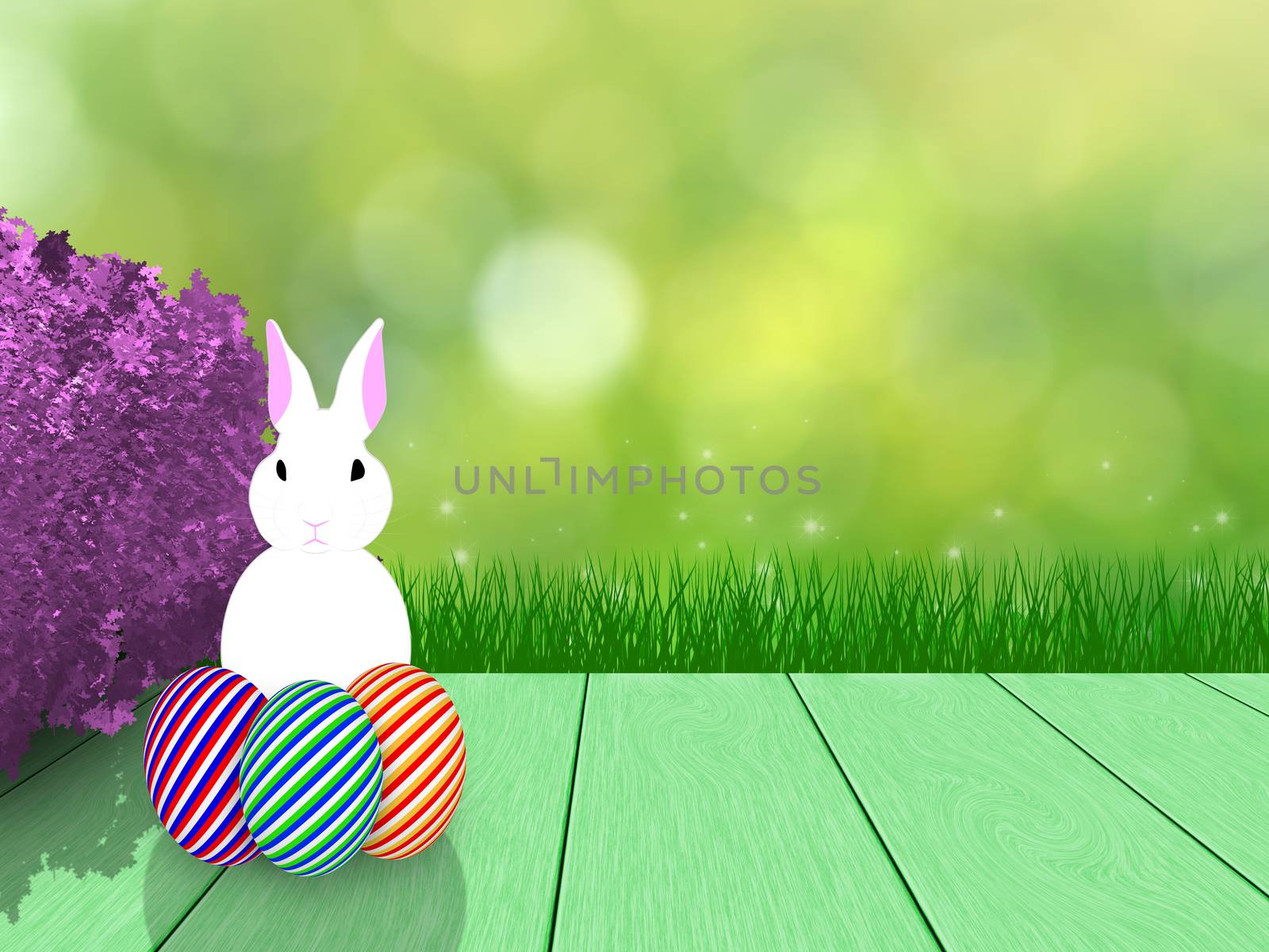 Easter spring background with white rabbit, eggs, grass, bokeh, bush on green wood planks. An empty space for copy.