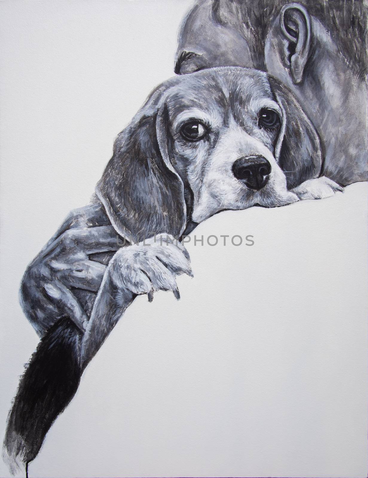 An acrylic painting a man carry beagle dog with love on white canvas.