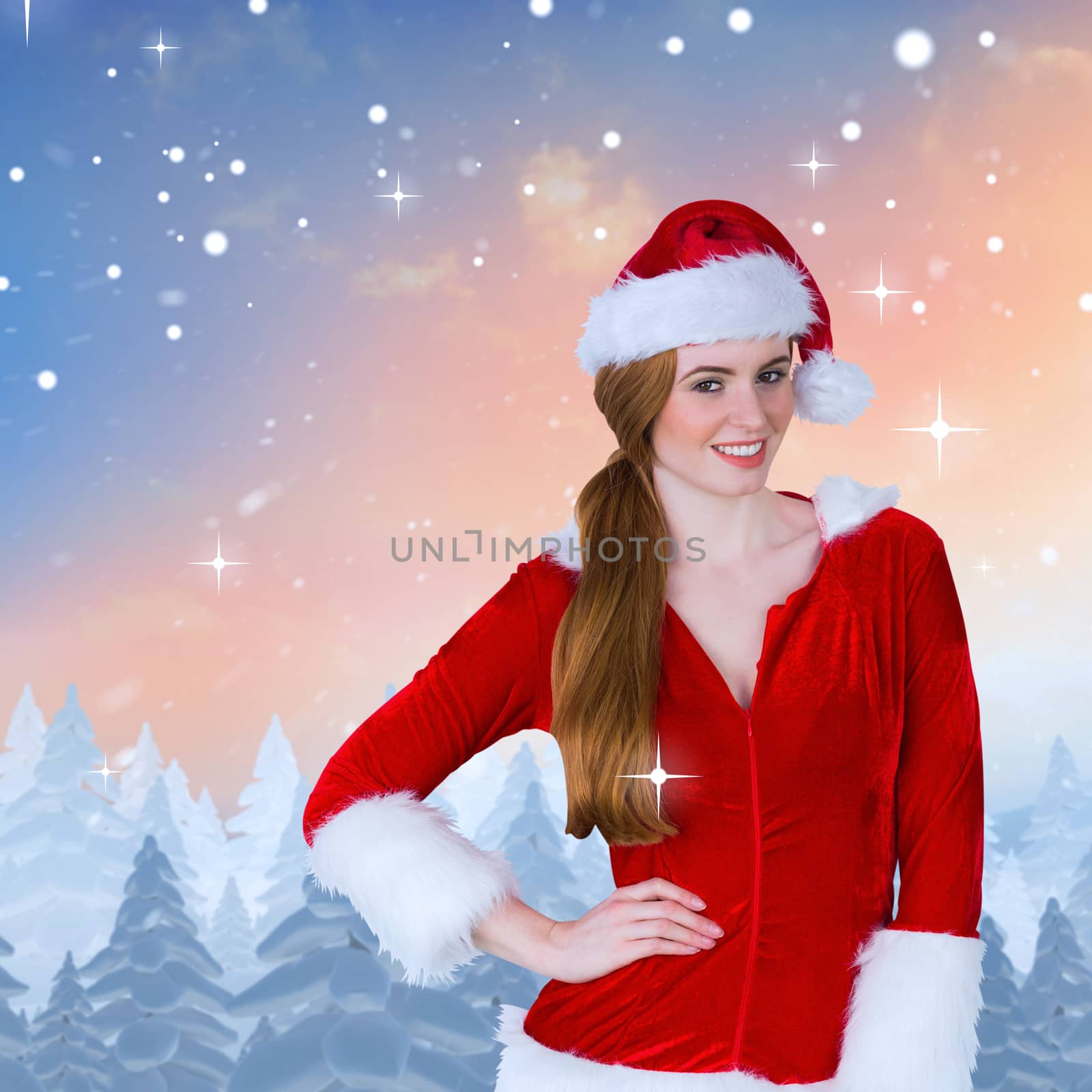 Pretty girl in santa costume smiling at camera against snow falling on fir tree forest
