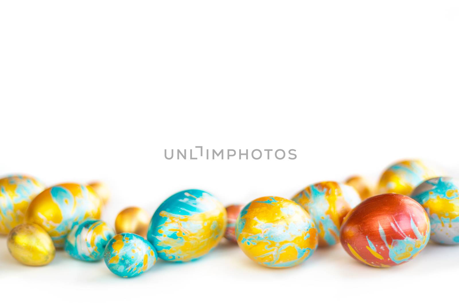 Perfect colorful handmade easter eggs isolated on white background , shape of border frame corner with copy space for text content , happy easter card