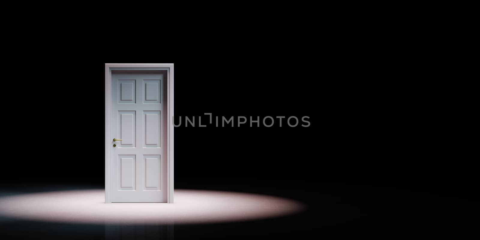 Closed White Door Isolated Spotlighted on Black Background with Copy Space 3D Illustration
