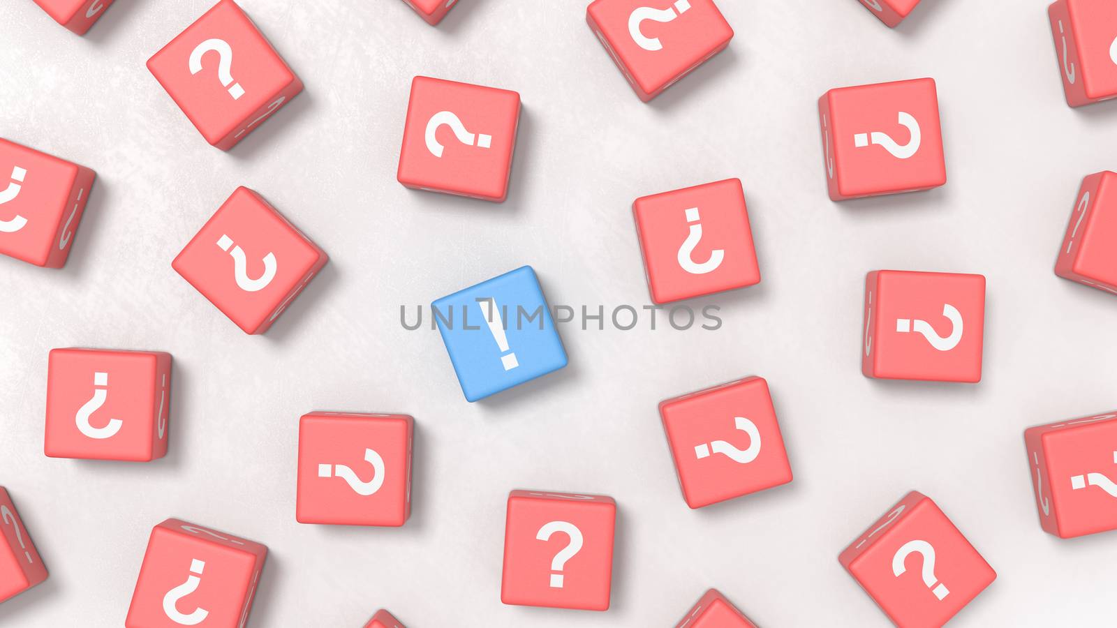 Many Question Mark on Red Cubes and One Exclamation Point on Blue Cube on a Light Gray Plastered Background 3D Illustration