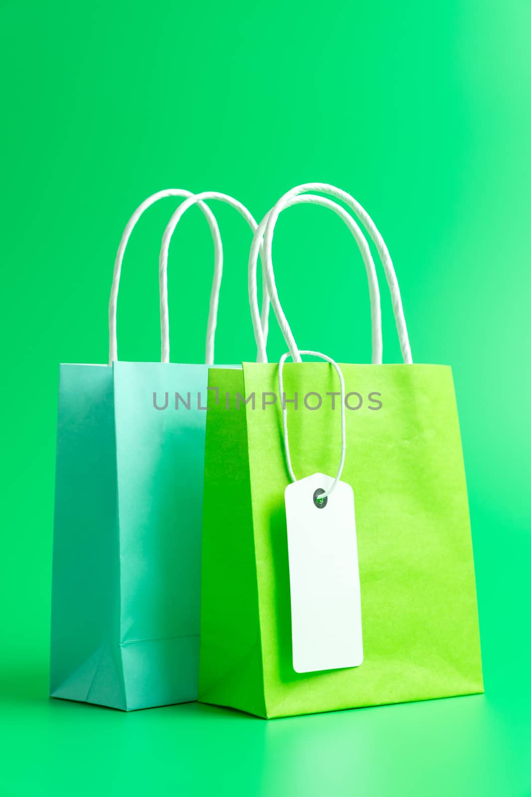 Two green shopping or gift bags isolated on green background by Kenishirotie