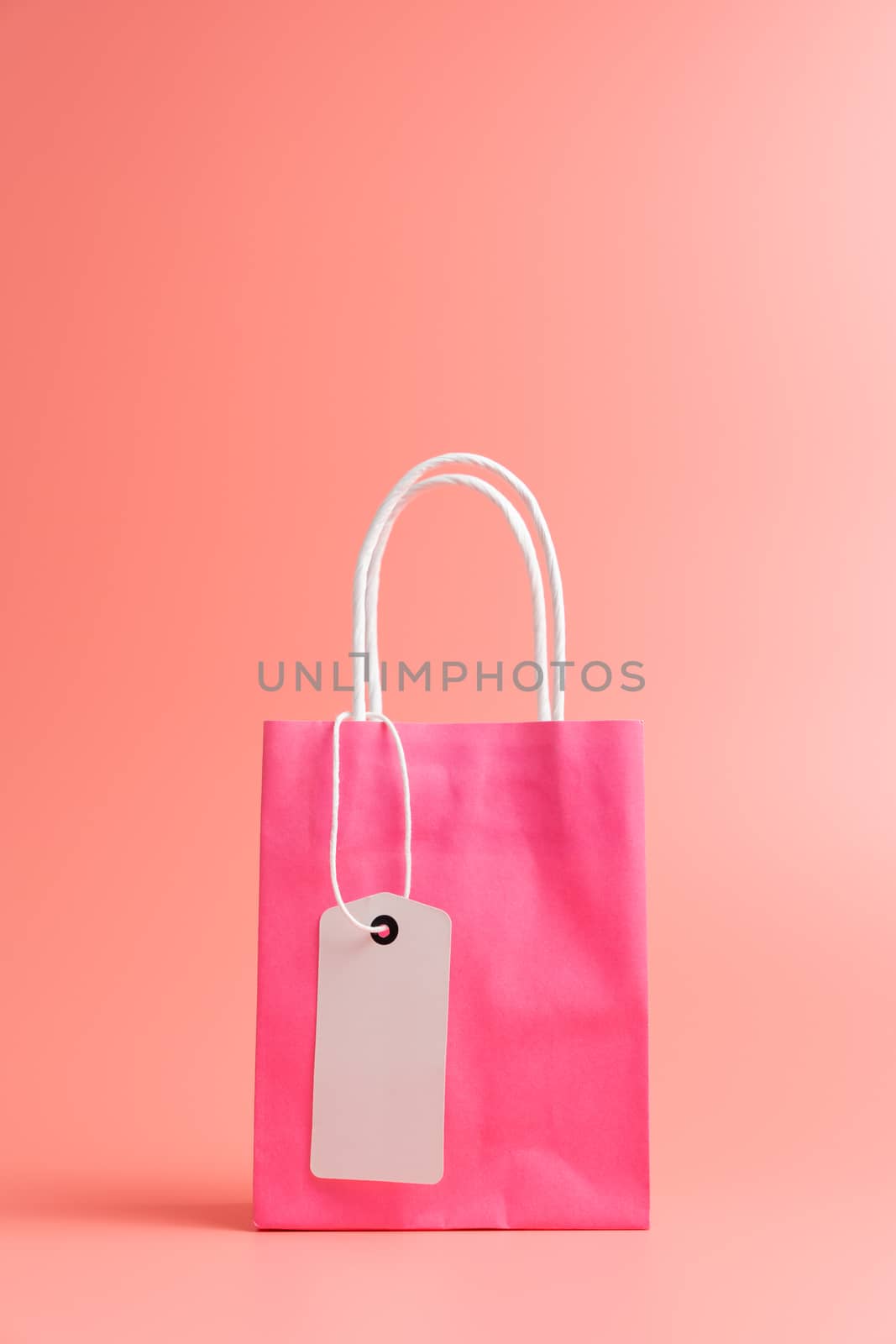 Single pink shopping or gift bag isolated on pink background by Kenishirotie