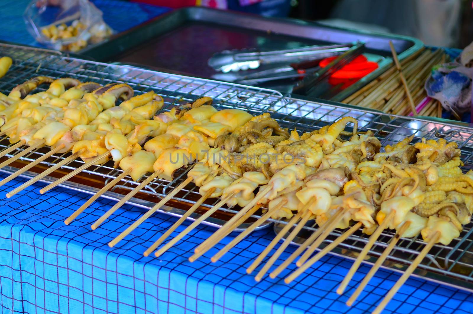 Grilled squid at street food bangkok,Thailand