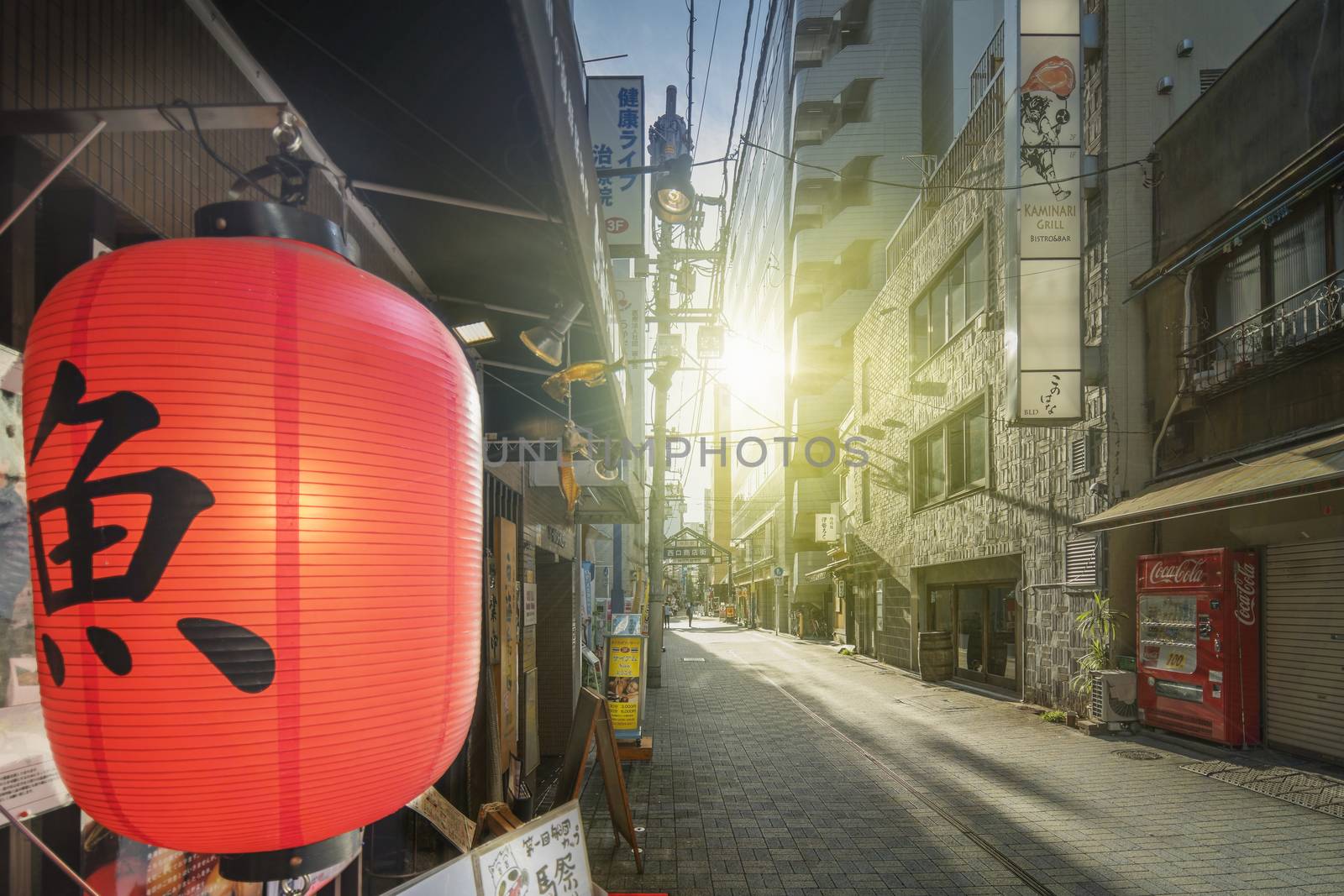 Red rice paper lantern with japanese kanji sakana by kuremo