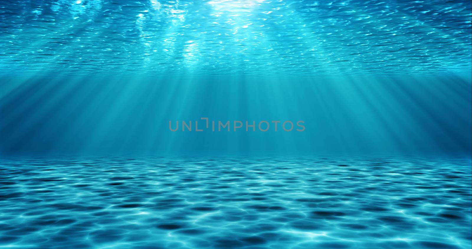 Underwater scene 3D realistic illustration with light rays. Behind the rippling water is the blue sunny sky.